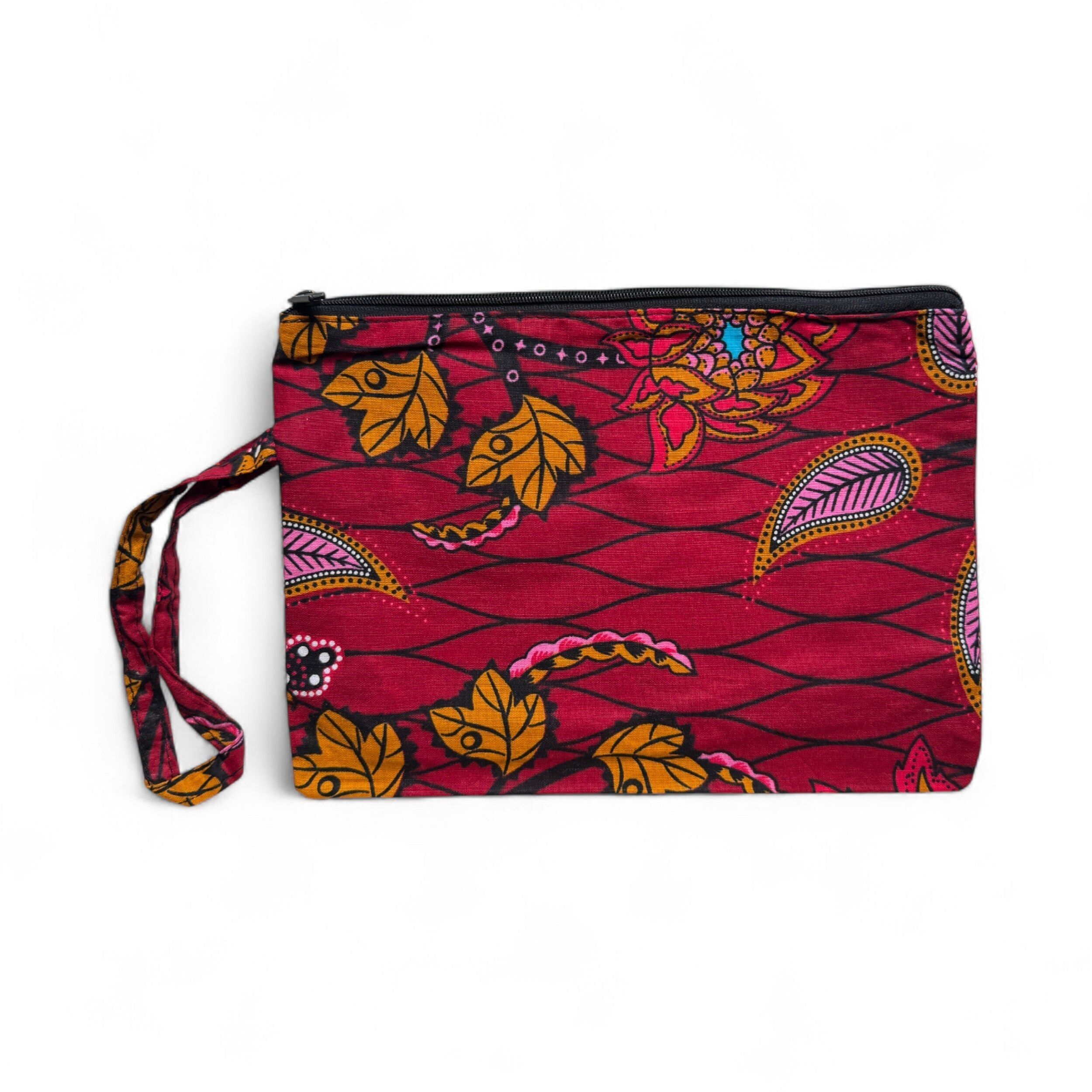 Trousse à maquillage / Trousse à crayons / Sac cosmétique / Porte-monnaie à imprimé africain - Motif botanique rouge foncé et jaune
