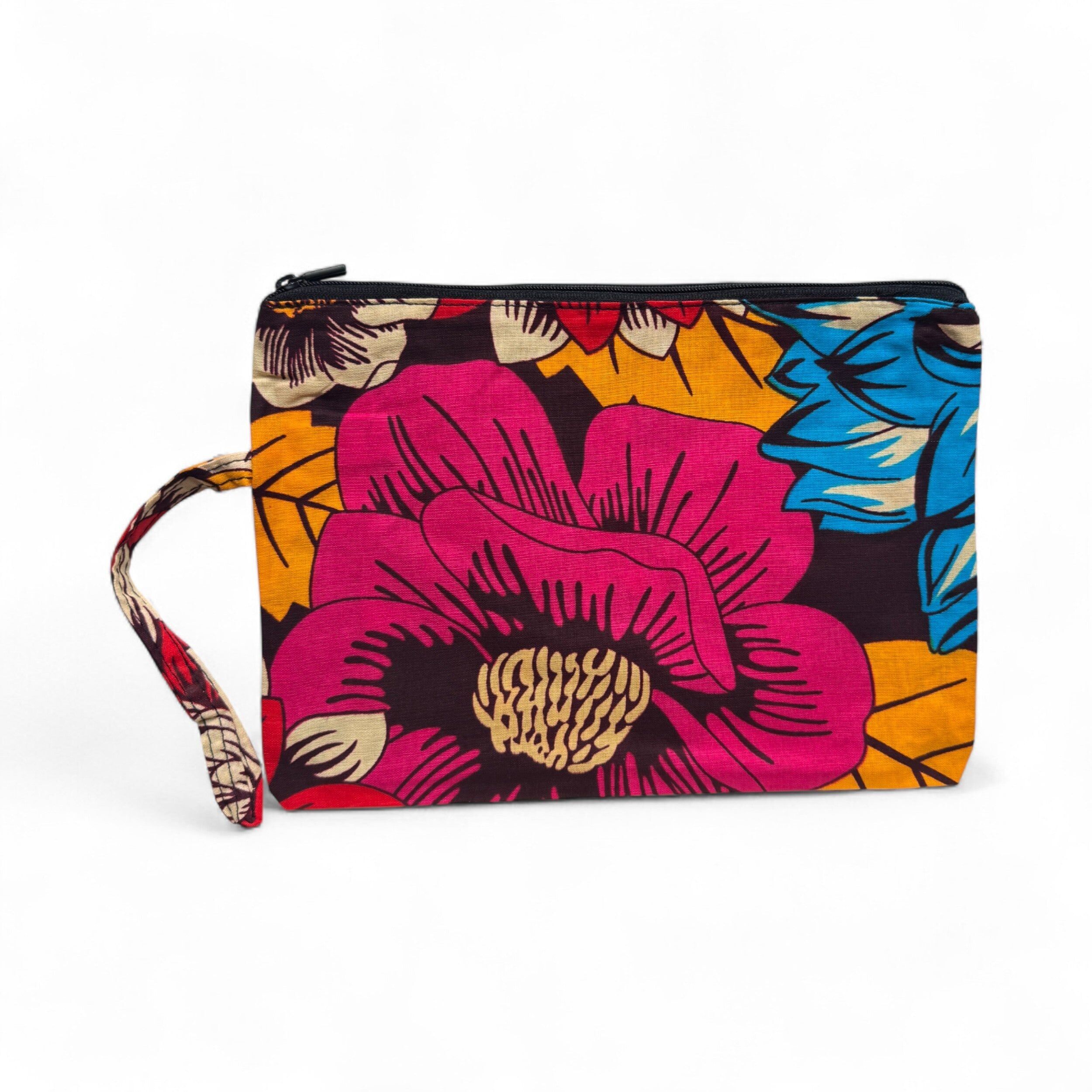 Trousse à maquillage/Étui/Sac cosmétique/Porte-monnaie à imprimé africain - Fleurs rouges et bleues
