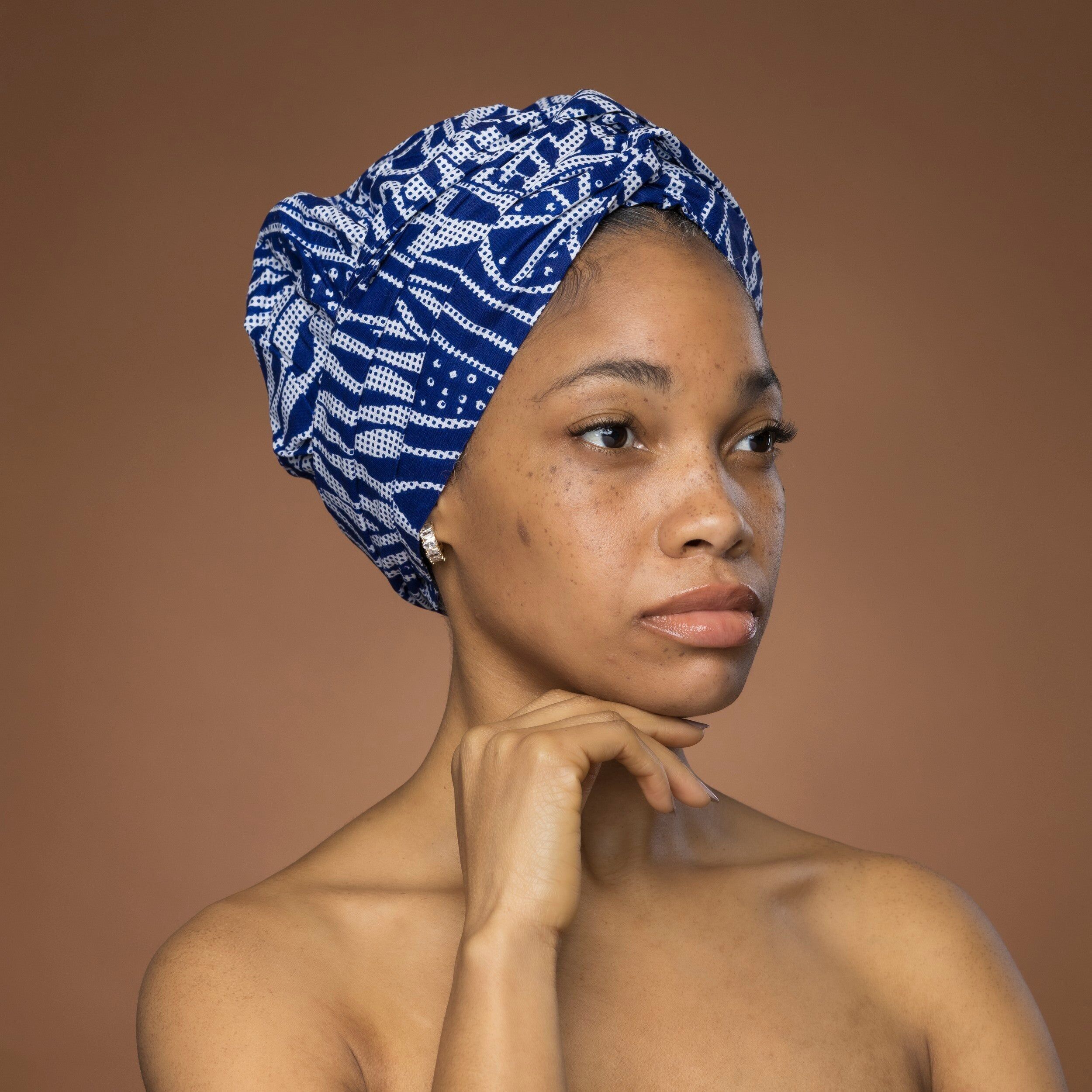 Foulard facile à porter - Bonnet doublé de satin - Bleu Ndop Cameroun
