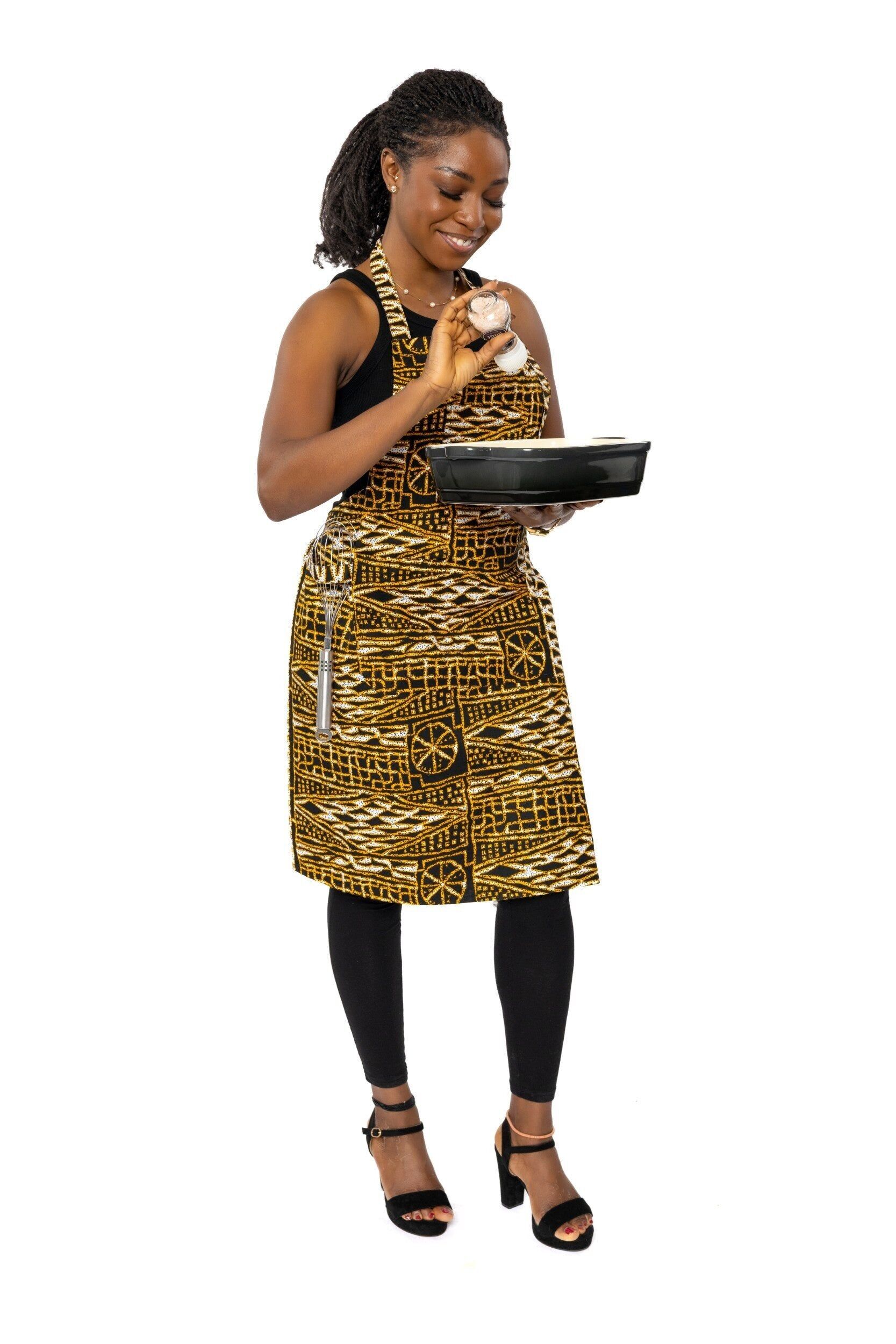 Tablier à imprimé africain - Jaune et noir Ndop Cameroun