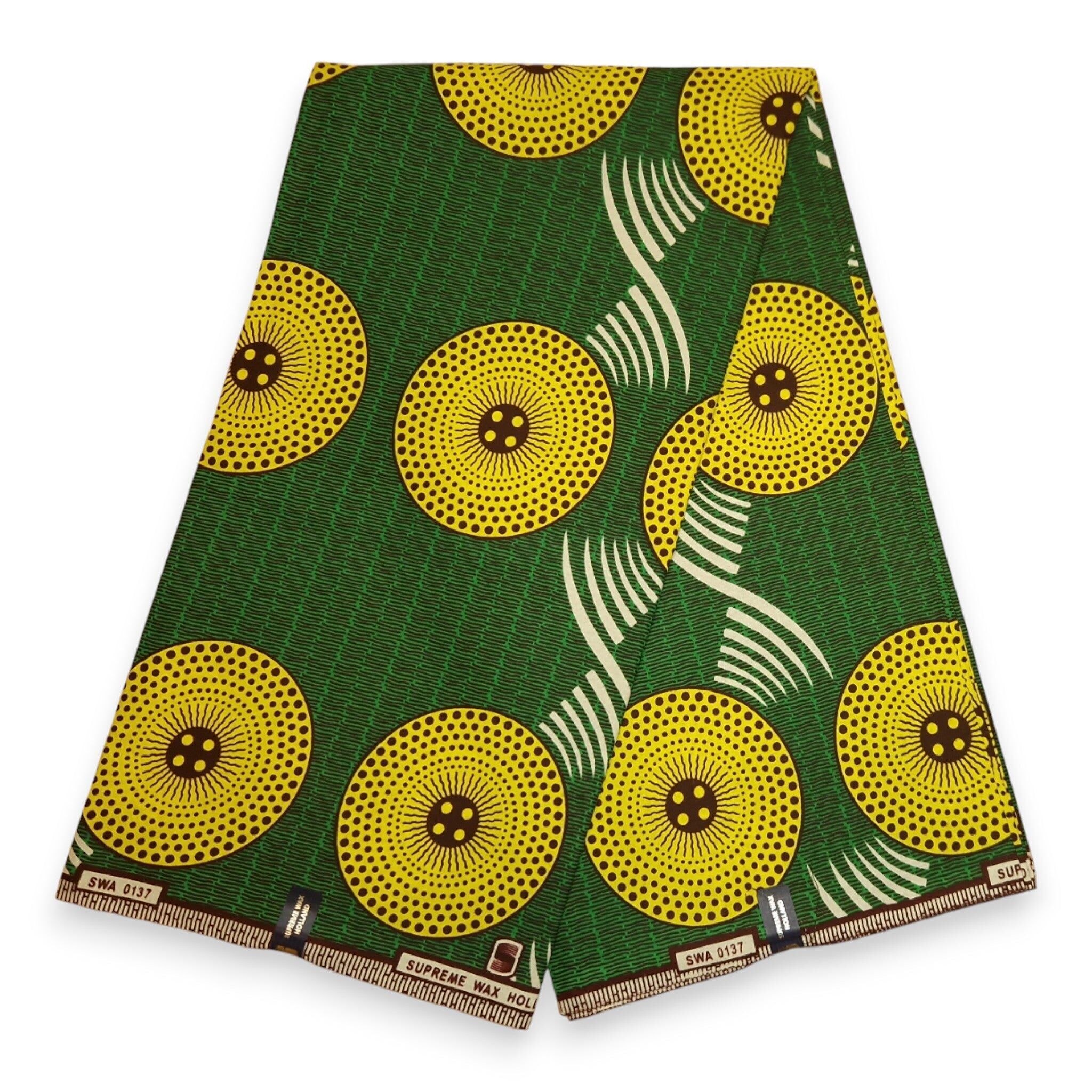 6 yards - Tissu imprimé wax africain - Spirales de soleil radieuses vertes et jaunes - 100 % coton