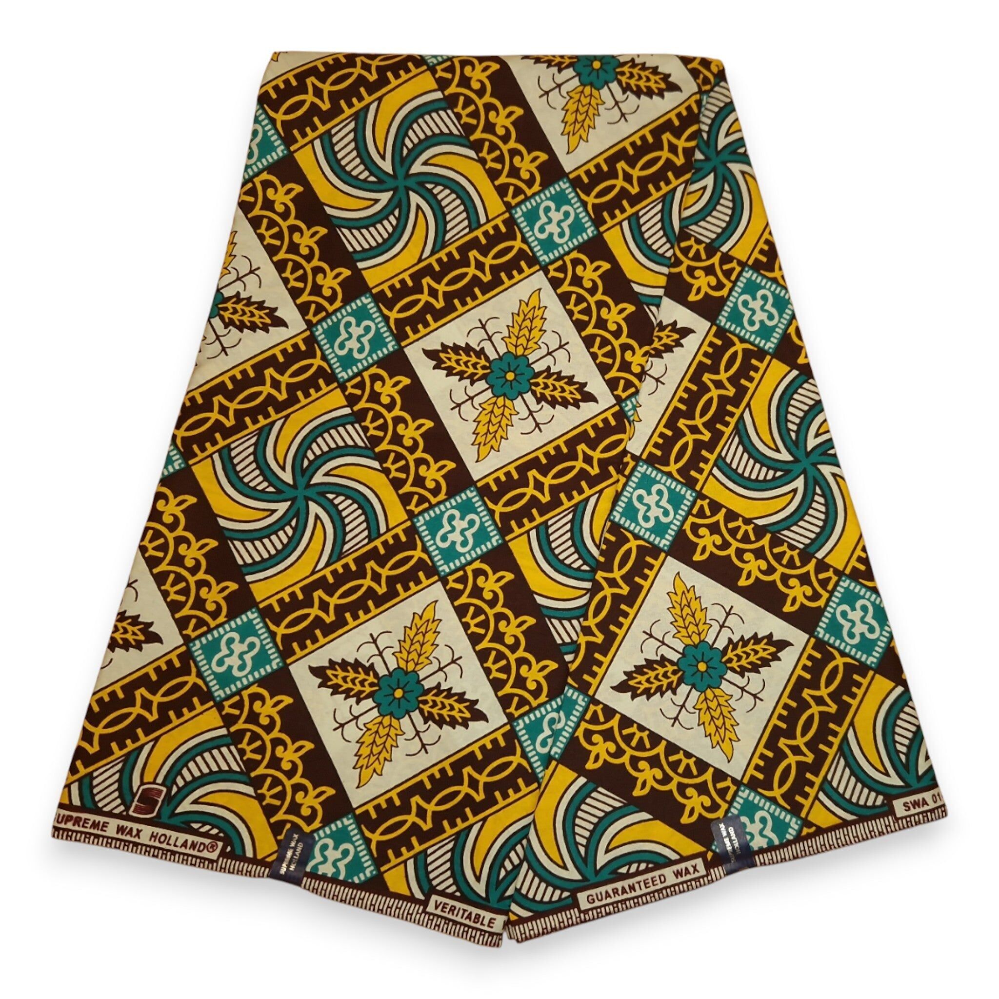 6 yards - Tissu imprimé wax africain - Mosaïque de carreaux anciens marron et turquoise - 100 % coton