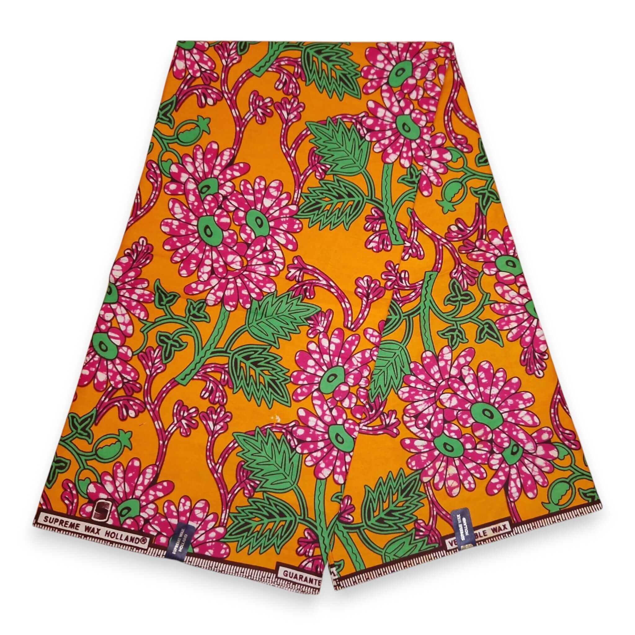 6 yards - Tissu imprimé wax africain - Motifs floraux orange et rose - 100 % coton