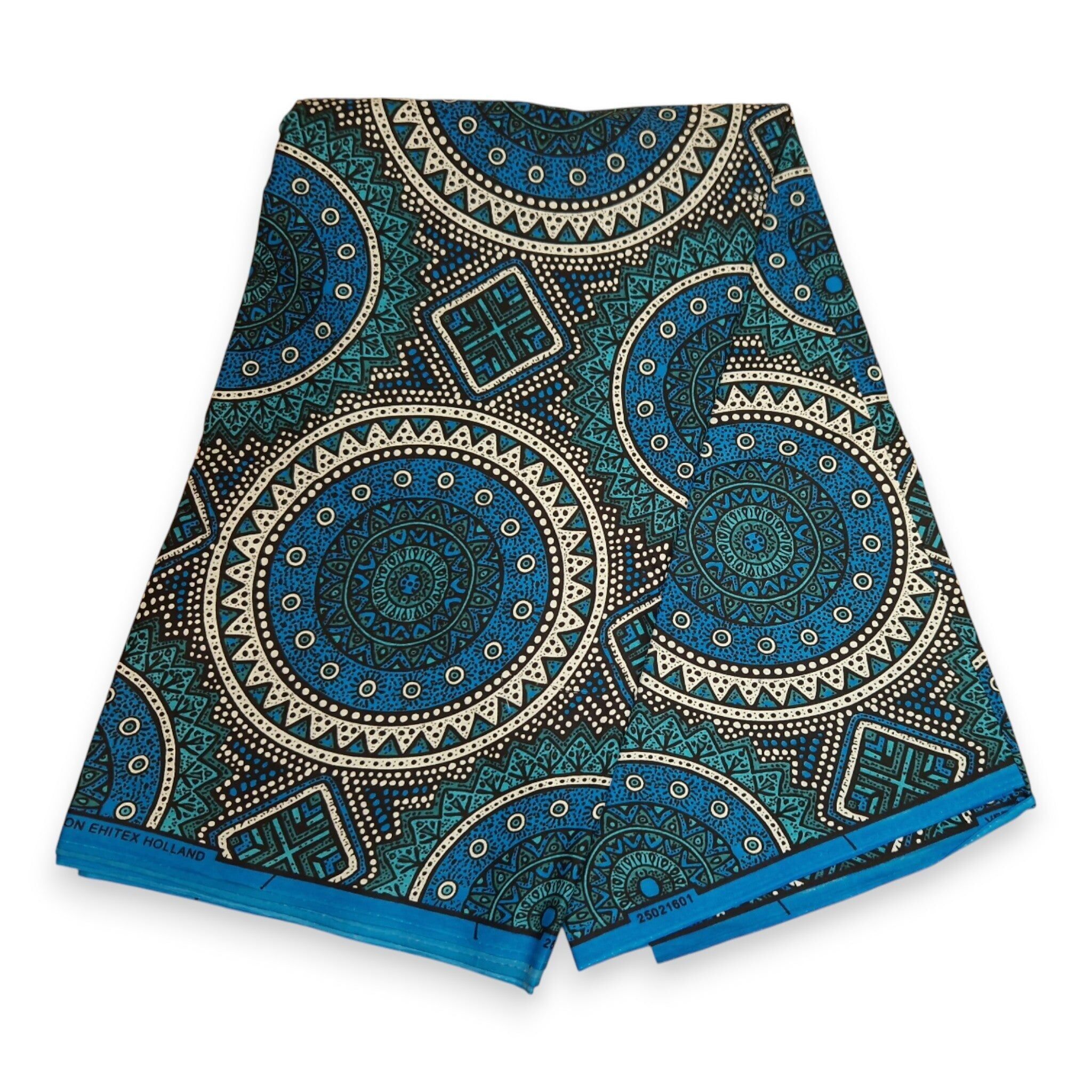 6 yards - Tissu imprimé wax africain - Motifs de cercles sacrés bleus et turquoise - 100 % coton