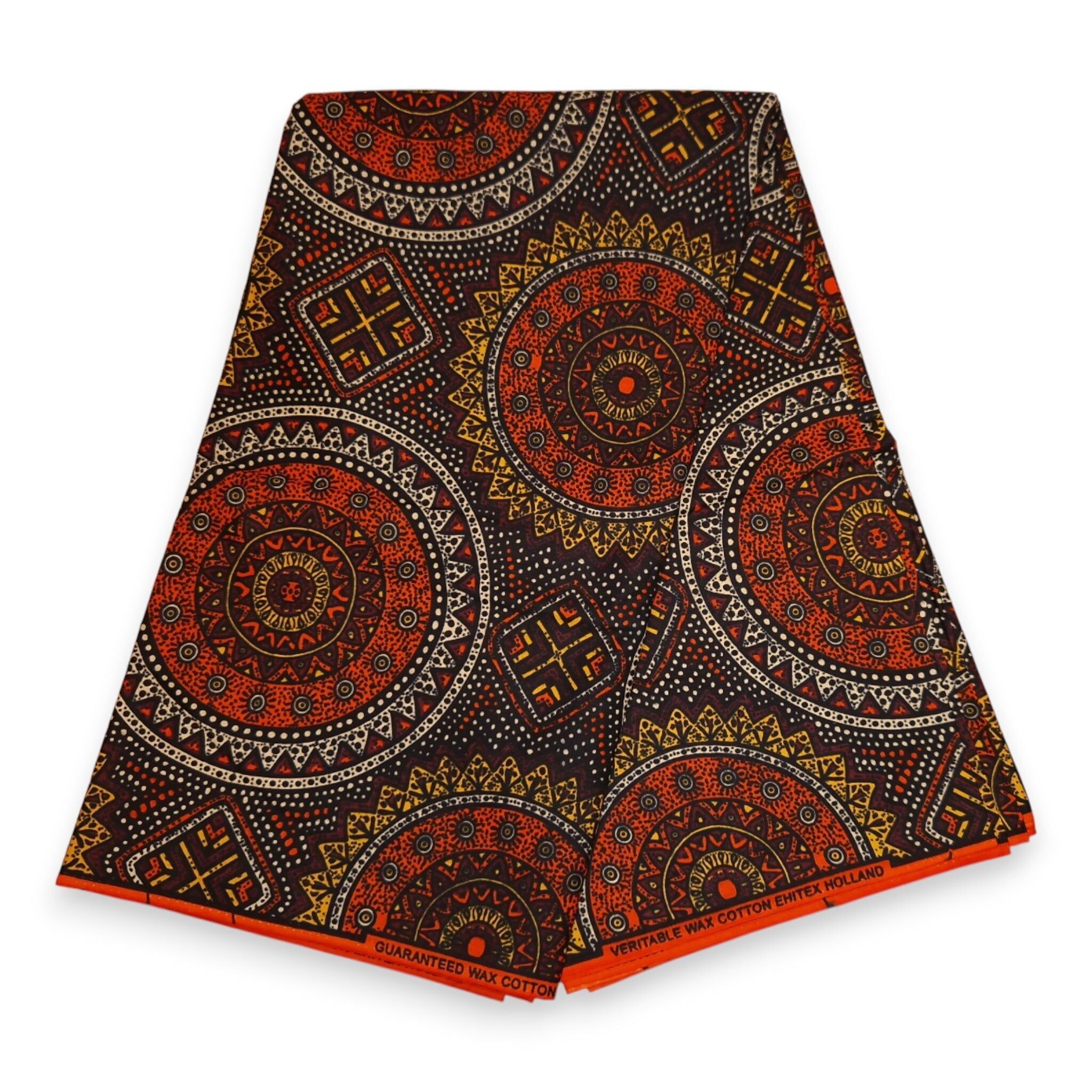 6 yards - Tissu imprimé wax africain - Motifs de cercles sacrés orange et marron - 100 % coton