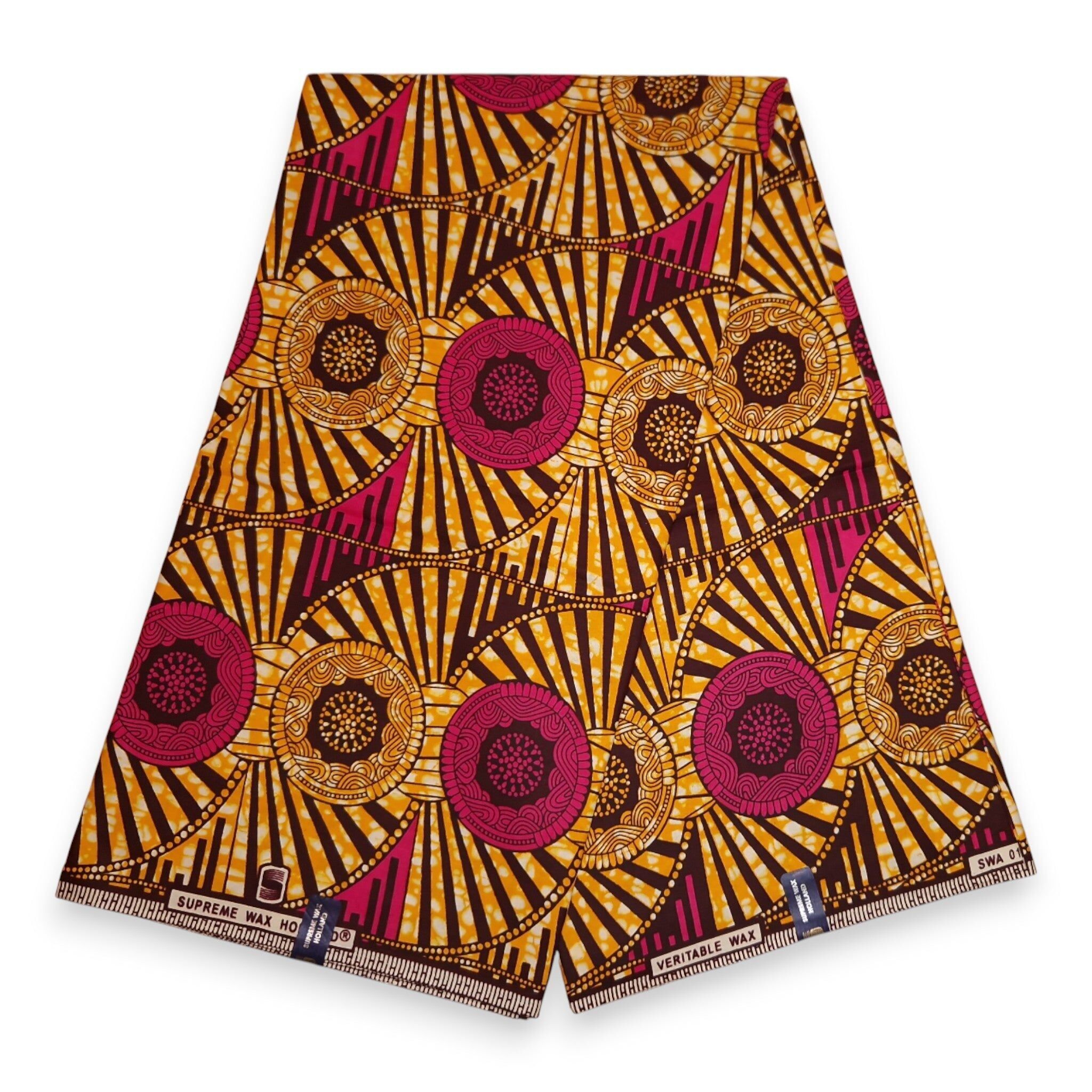 6 Yards – Afrikanischer Wachsdruckstoff – Braune und gelbe Kreise mit Strahlenmuster – 100 % Baumwolle