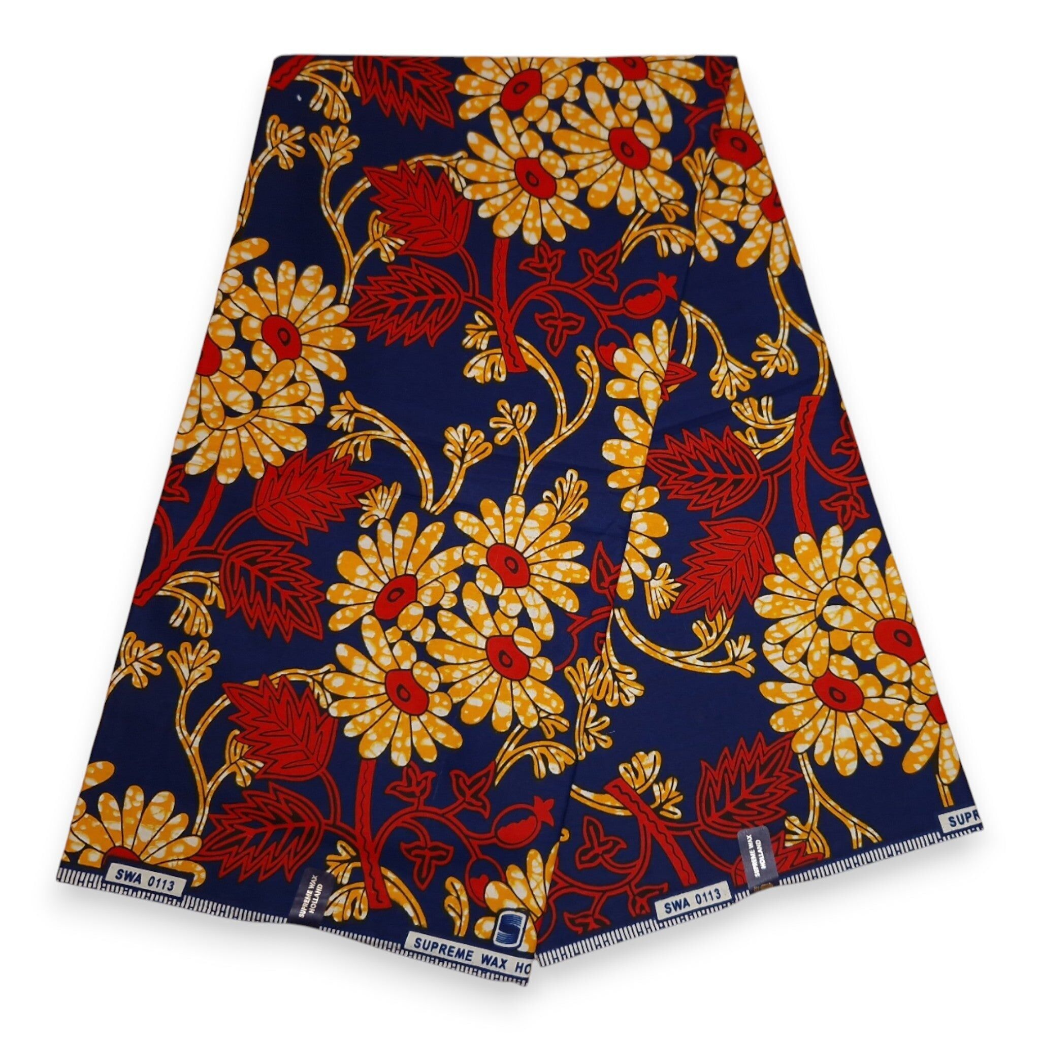 6 yards - Tissu imprimé wax africain - Motifs floraux bleus et jaunes - 100 % coton