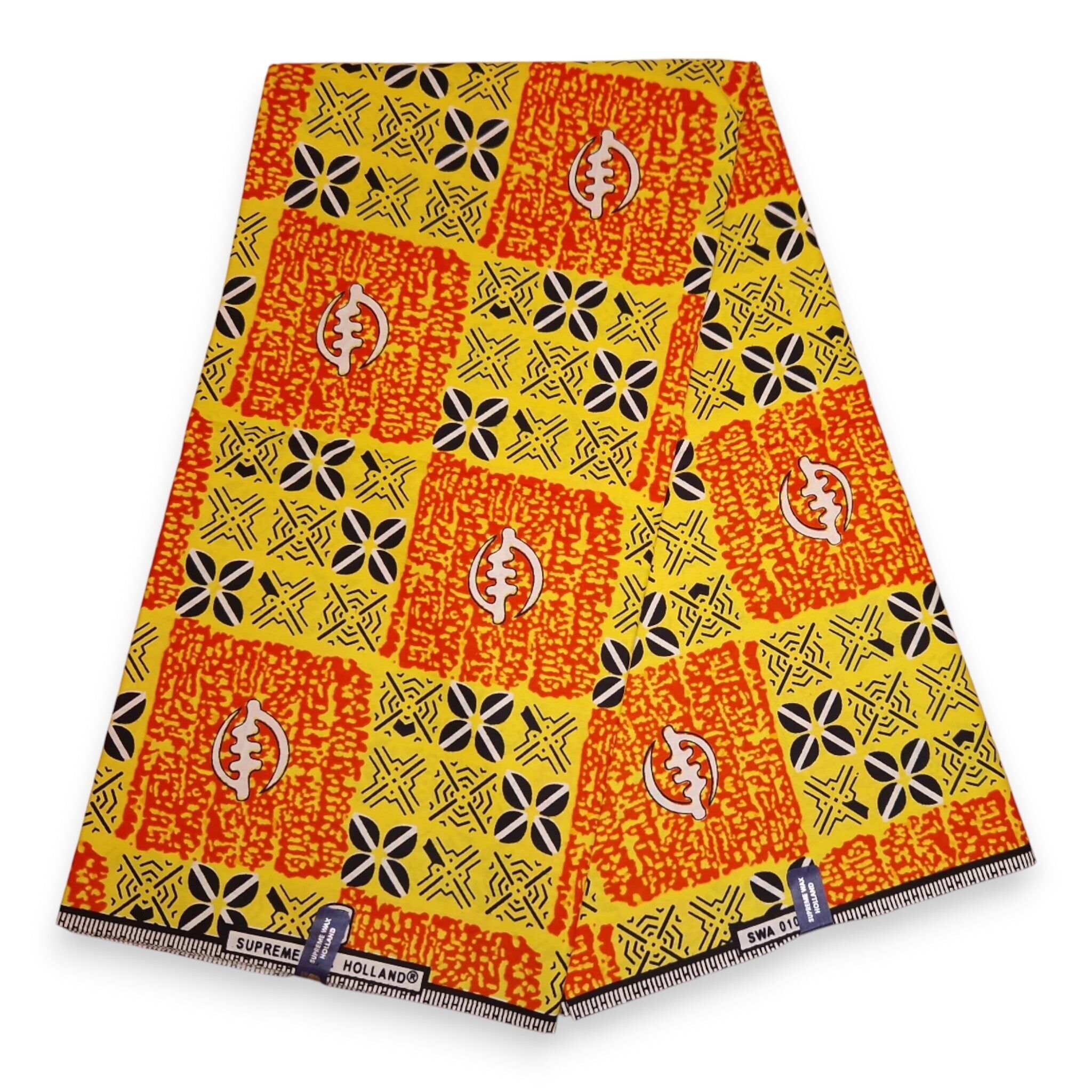 6 yards - Tissu imprimé wax africain - Carrés tribaux jaunes et orange - 100 % coton