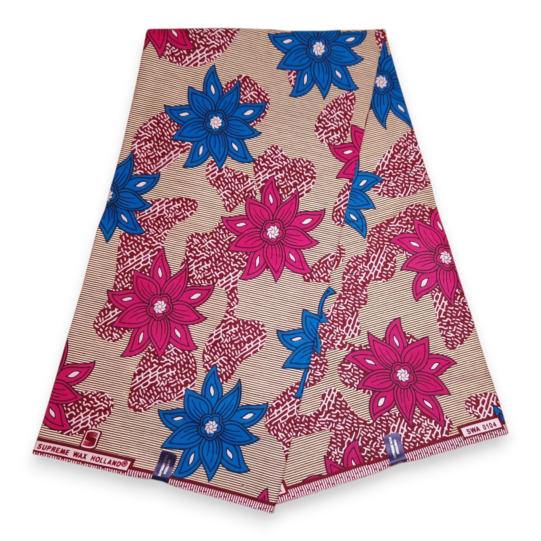 6 yards - Tissu imprimé wax africain - Beige et rose à grandes fleurs - 100 % coton