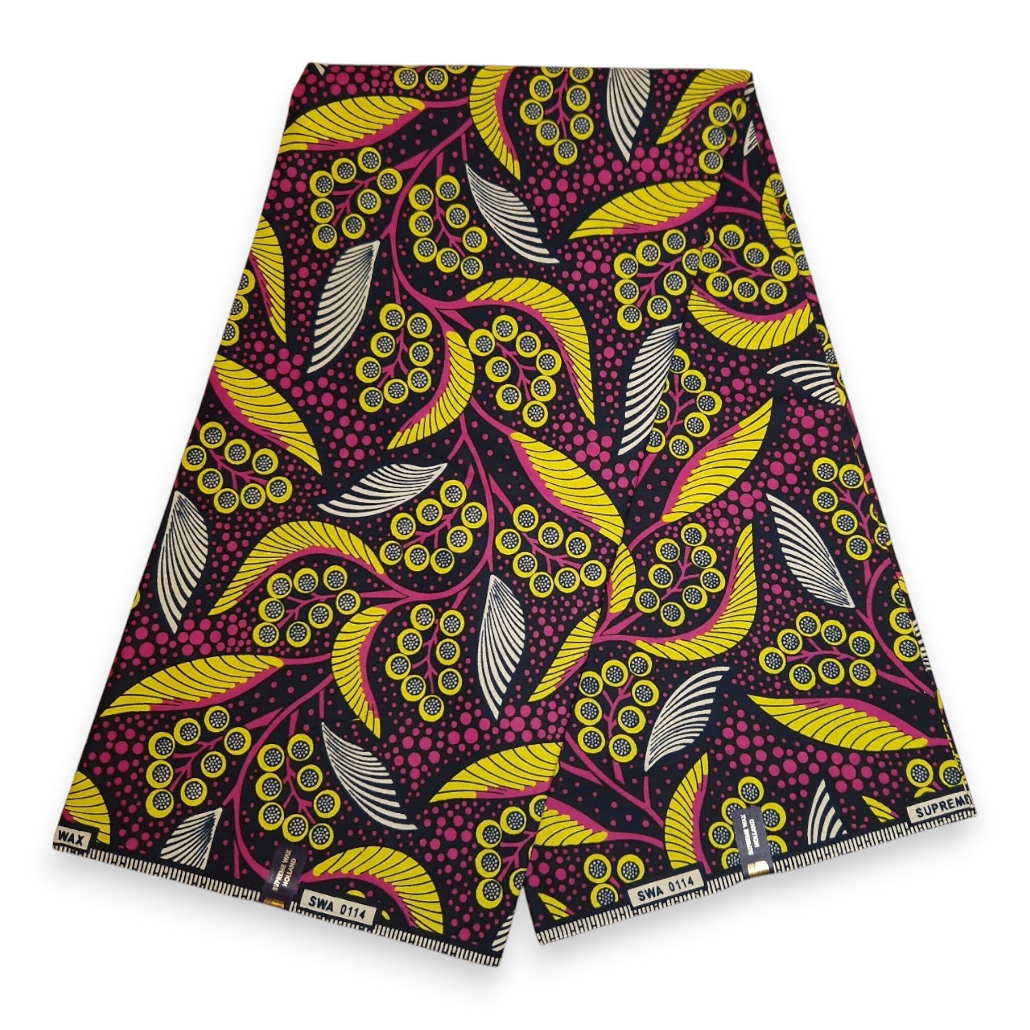 6 Yards – Afrikanischer Wachsdruckstoff – Rosa-gelbe Blätter – 100 % Baumwolle