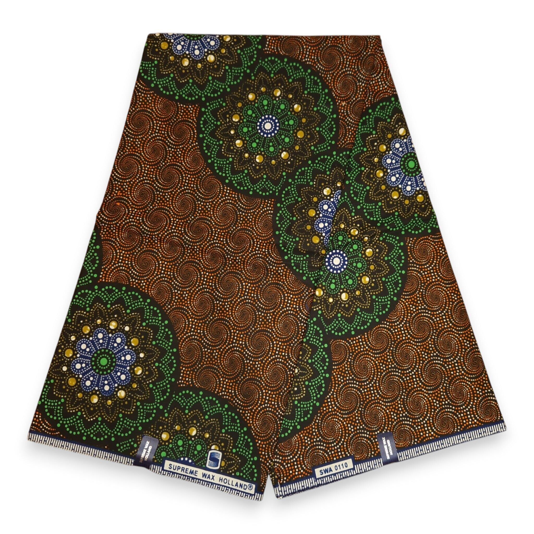 6 Yards – Afrikanischer Wachsdruckstoff – Grün-braun gepunktetes Muster – 100 % Baumwolle