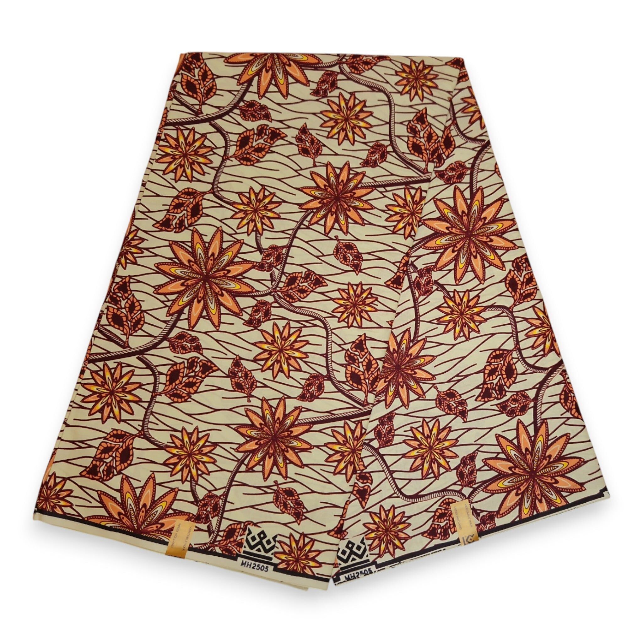 6 Yards - Afrikanischer Wachsdruckstoff - Pfirsichfarbene Sternblumen