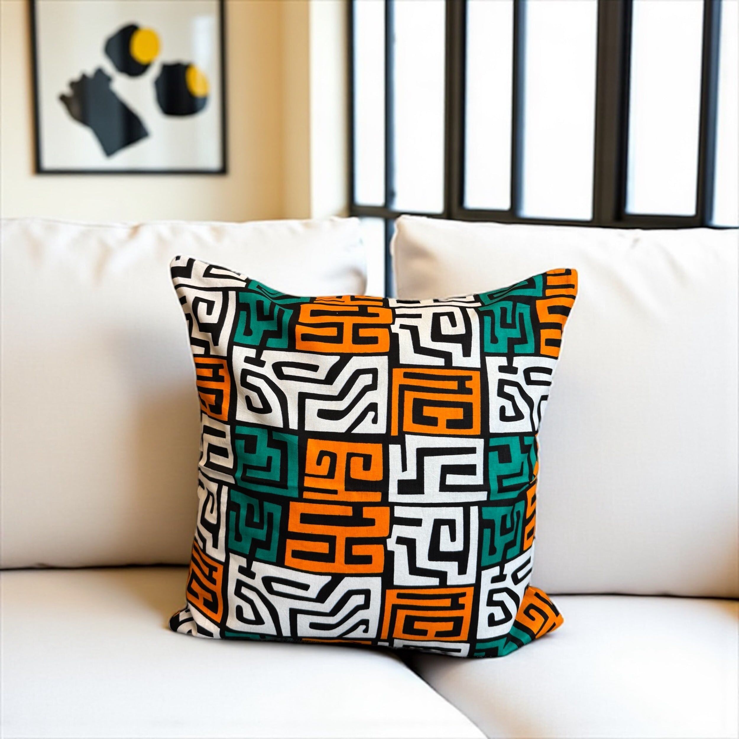 Afrikanischer Kissenbezug | Türkis- und gelb-orangefarbene Kuba-Blöcke – Dekokissen 45 x 45 cm – 100 % Baumwolle
