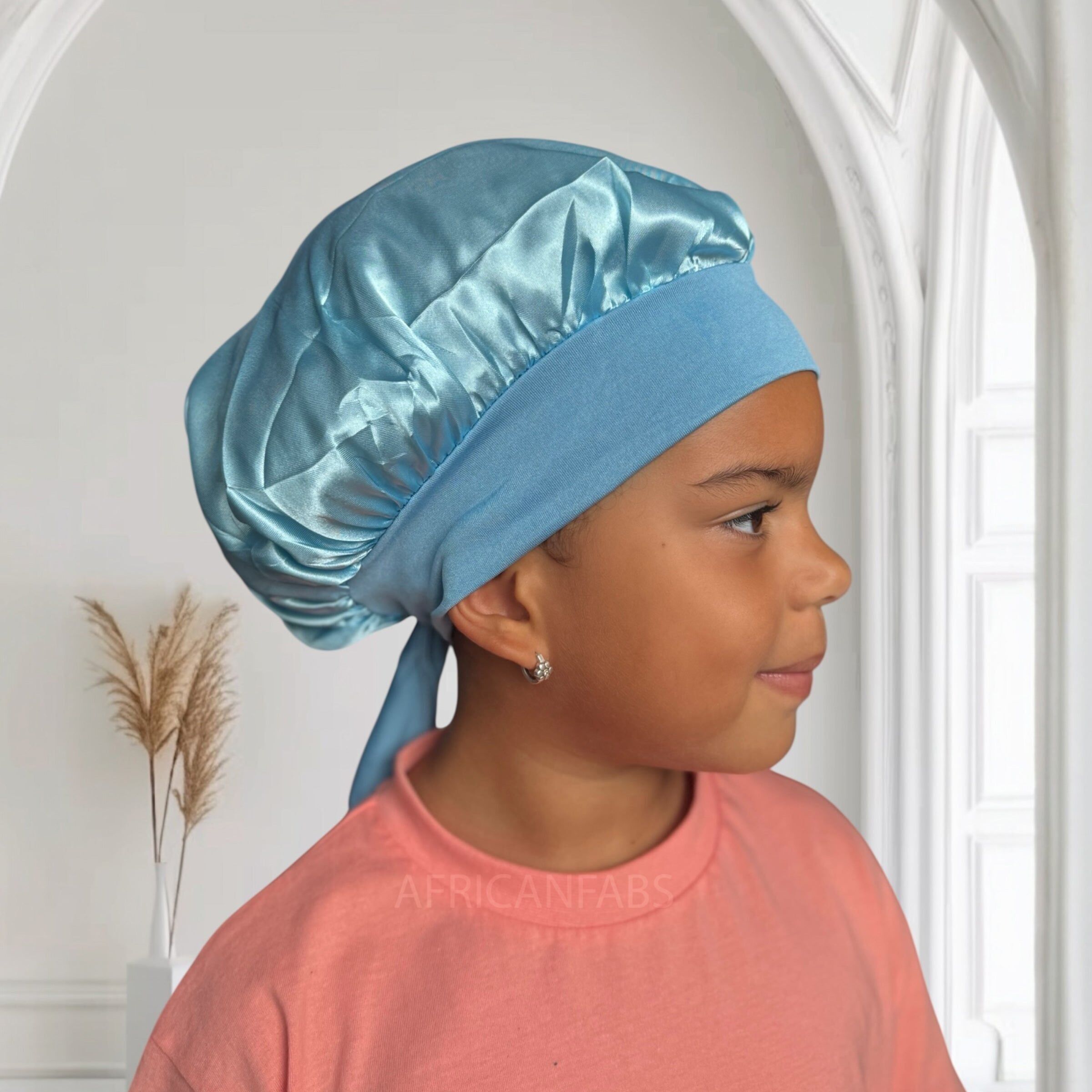 Blaue Satin-Hauben mit Bindebändern (Kindergröße 3-7 Jahre) (Satin-Schlafhaube)