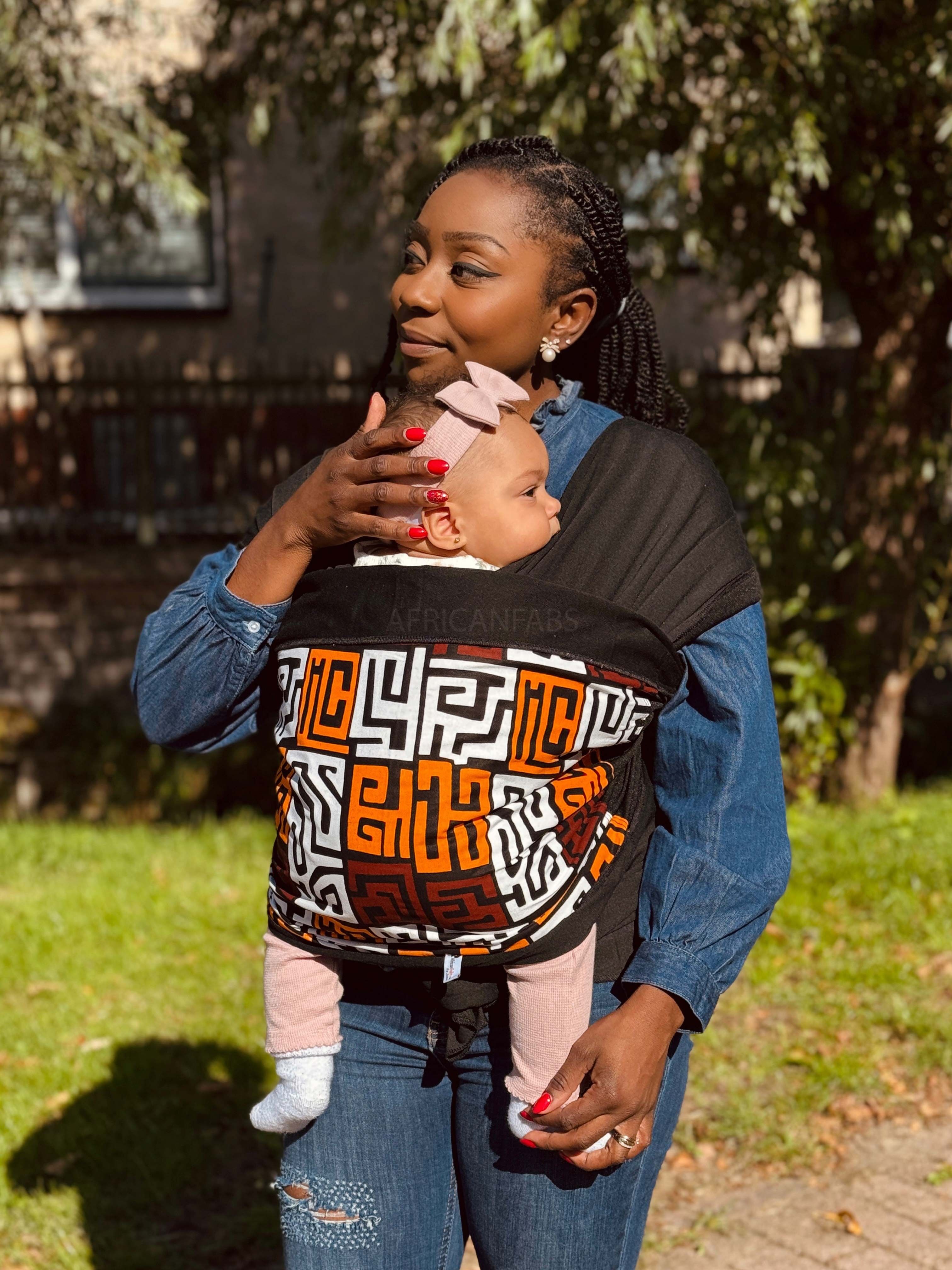 Babytragetuch mit afrikanischem Muster – Kastanienbraun-Rot & Gelb-Orange Kuba-Blöcke Kongo