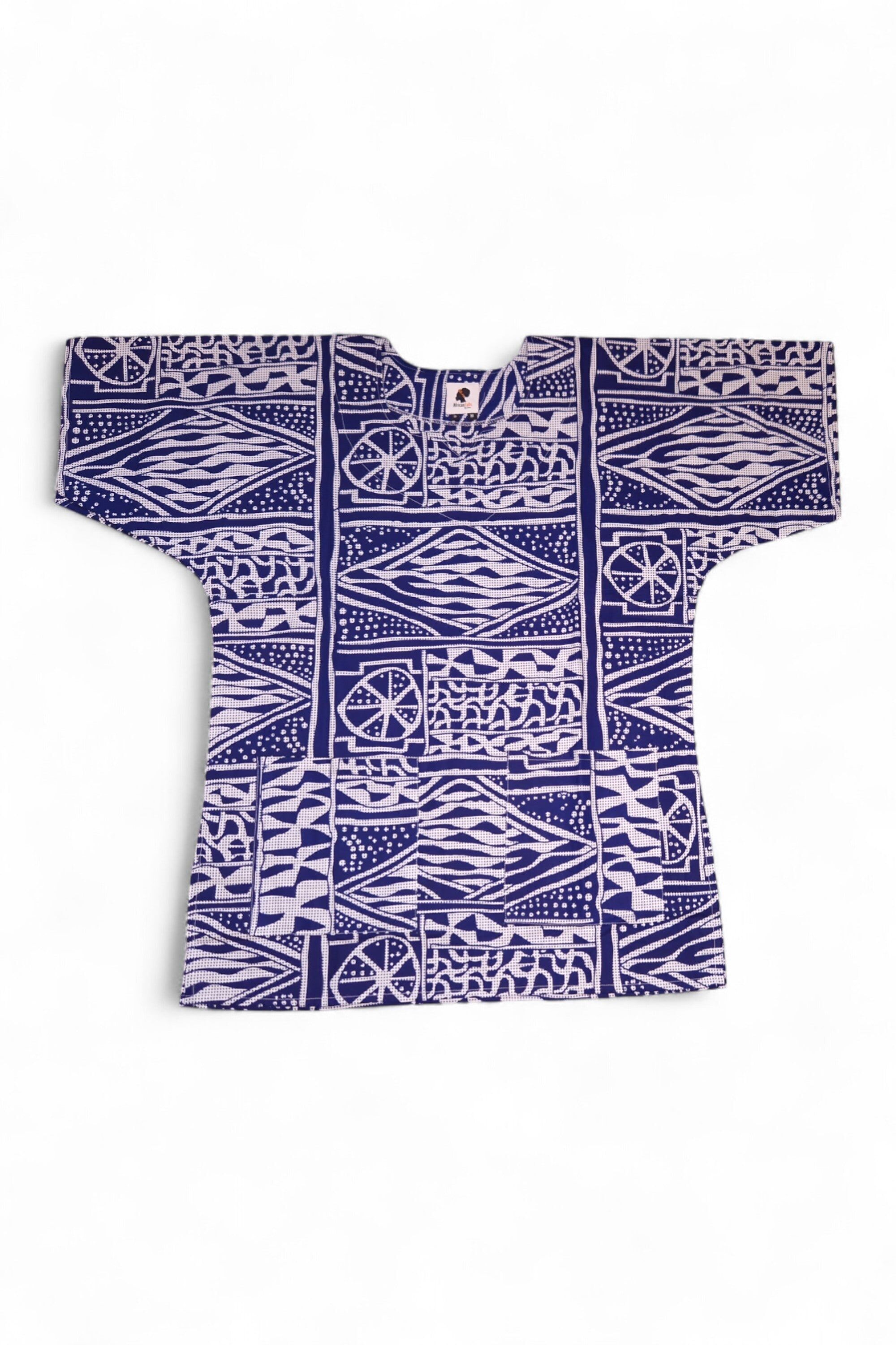 Blaues Ndop Kamerun Dashiki-Hemd / Dashiki-Kleid – Oberteil mit afrikanischem Muster – Unisex
