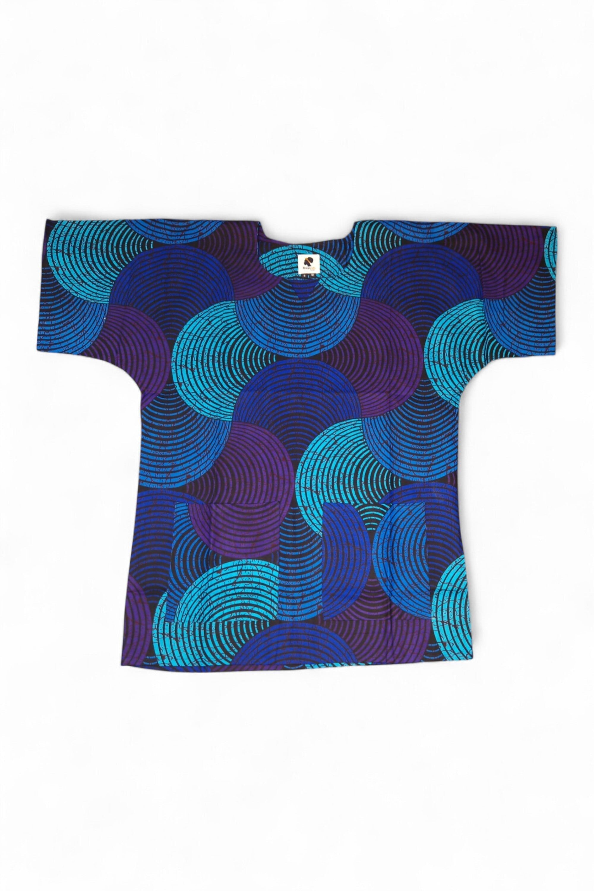 Dashiki-Hemd/Dashiki-Kleid mit konzentrischem Kreismuster in Blau und Türkis – Oberteil mit afrikanischem Print – Unisex