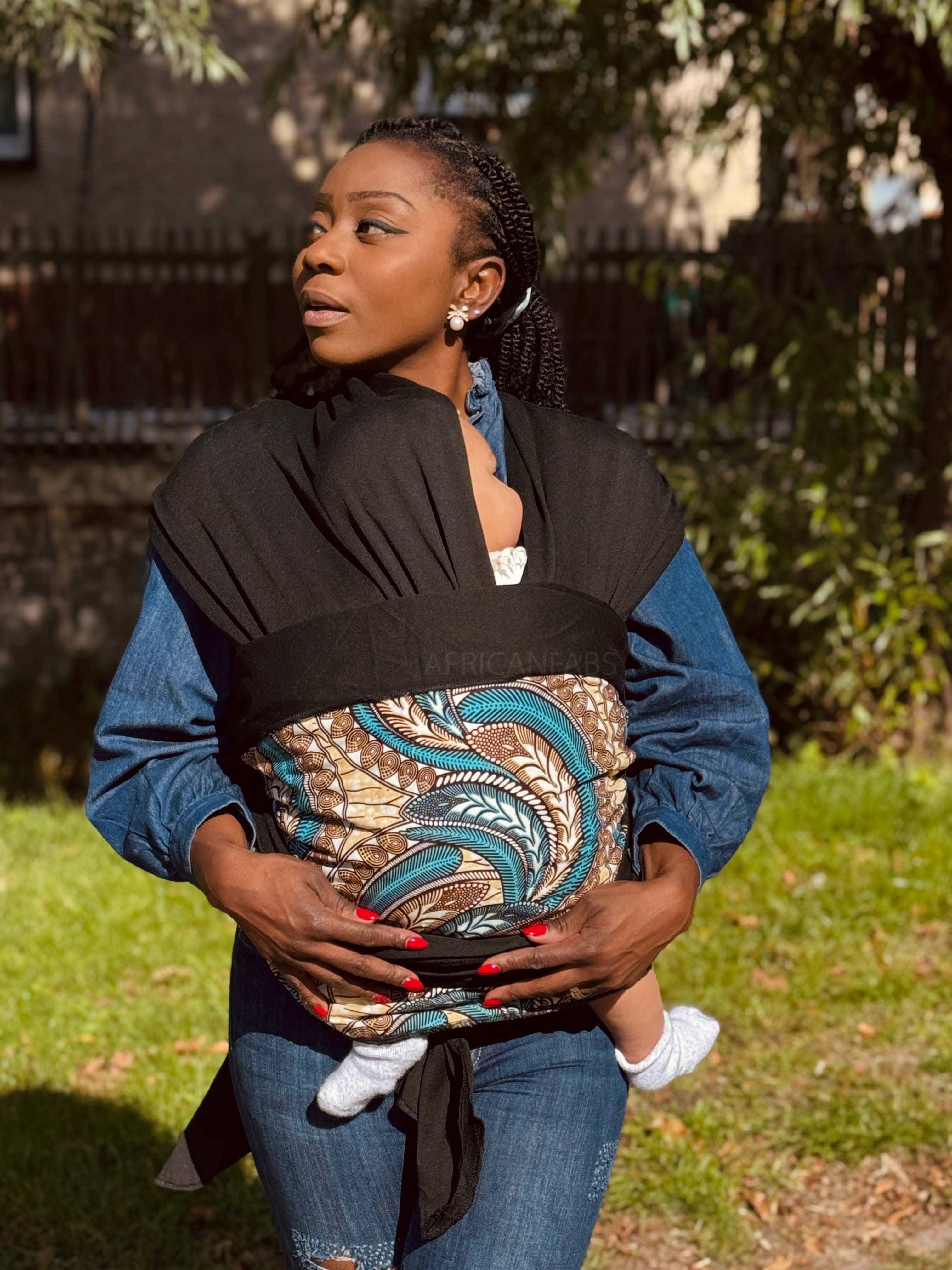 Babytrage mit afrikanischem Muster / Babytuch / Babytragetuch - Beige-Blaue Feder