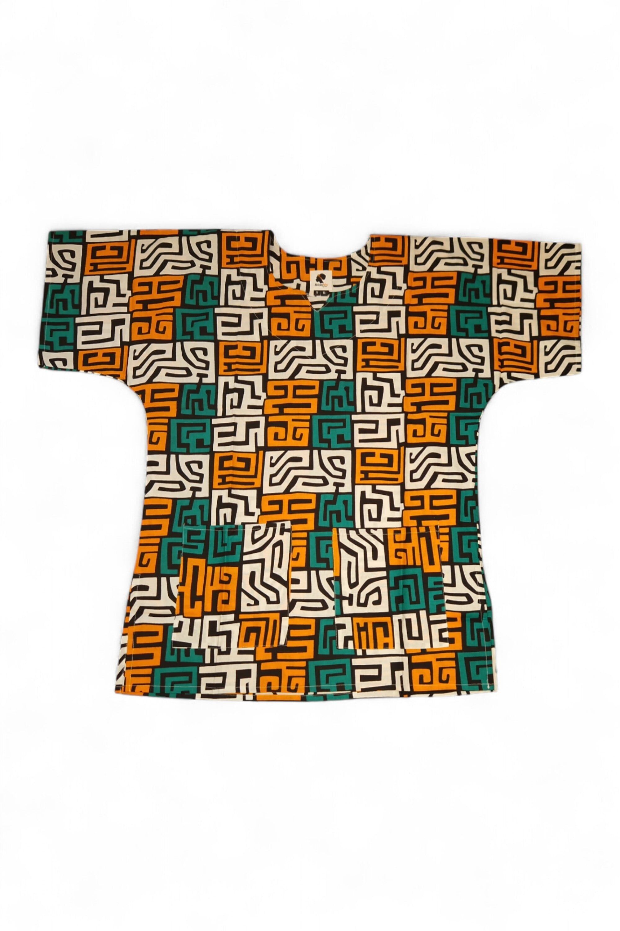Türkis-gelb-oranges Kuba Blocks Dashiki-Hemd / Dashiki-Kleid – Oberteil mit afrikanischem Muster – Unisex