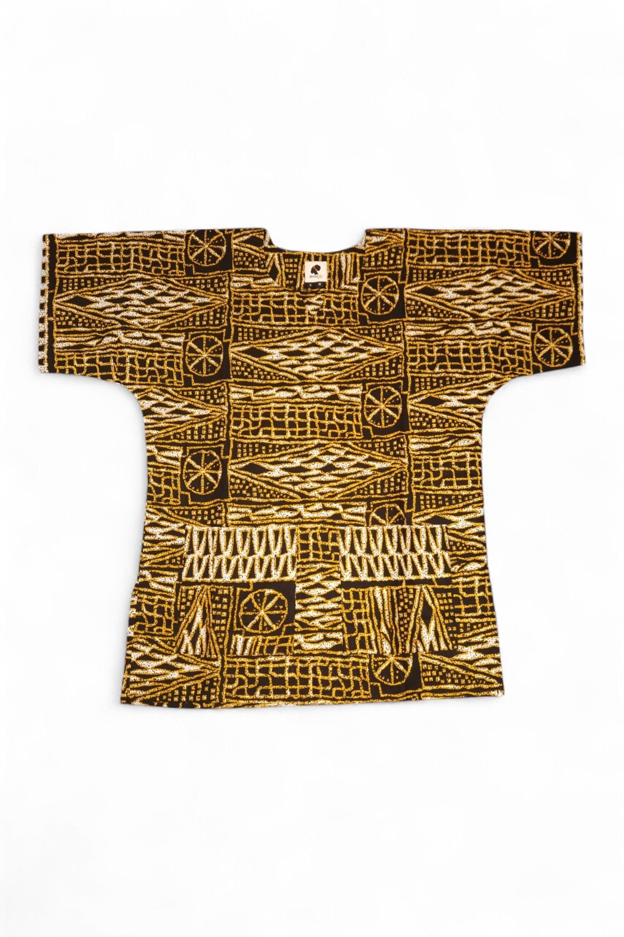 Schwarzes und gelbes Ndop-Dashiki-Hemd aus Kamerun / Dashiki-Kleid – Oberteil mit afrikanischem Muster – Unisex