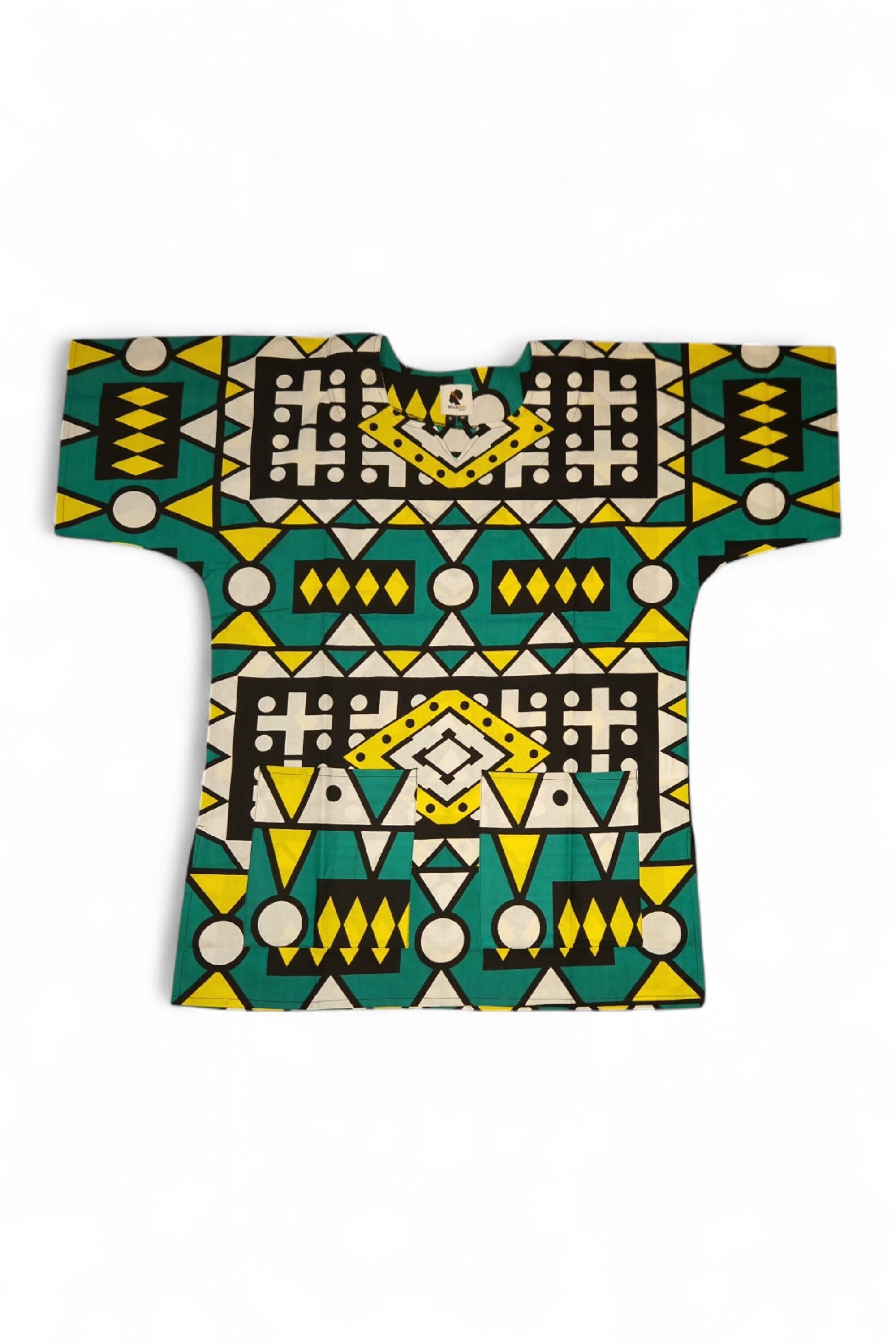 Türkisgelbes Samakaka Dashiki-Hemd / Dashiki-Kleid – Oberteil mit afrikanischem Muster – Unisex