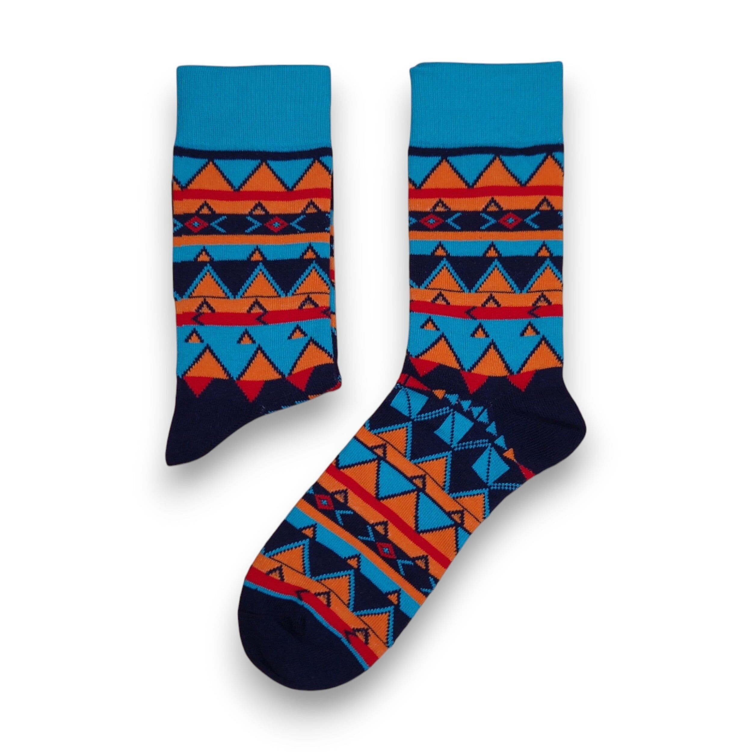 5 Paar – Afrikanische Socken / Afro-Socken / Socken mit afrikanischem Muster – Blau-Orangefarbenes Ethno-Muster