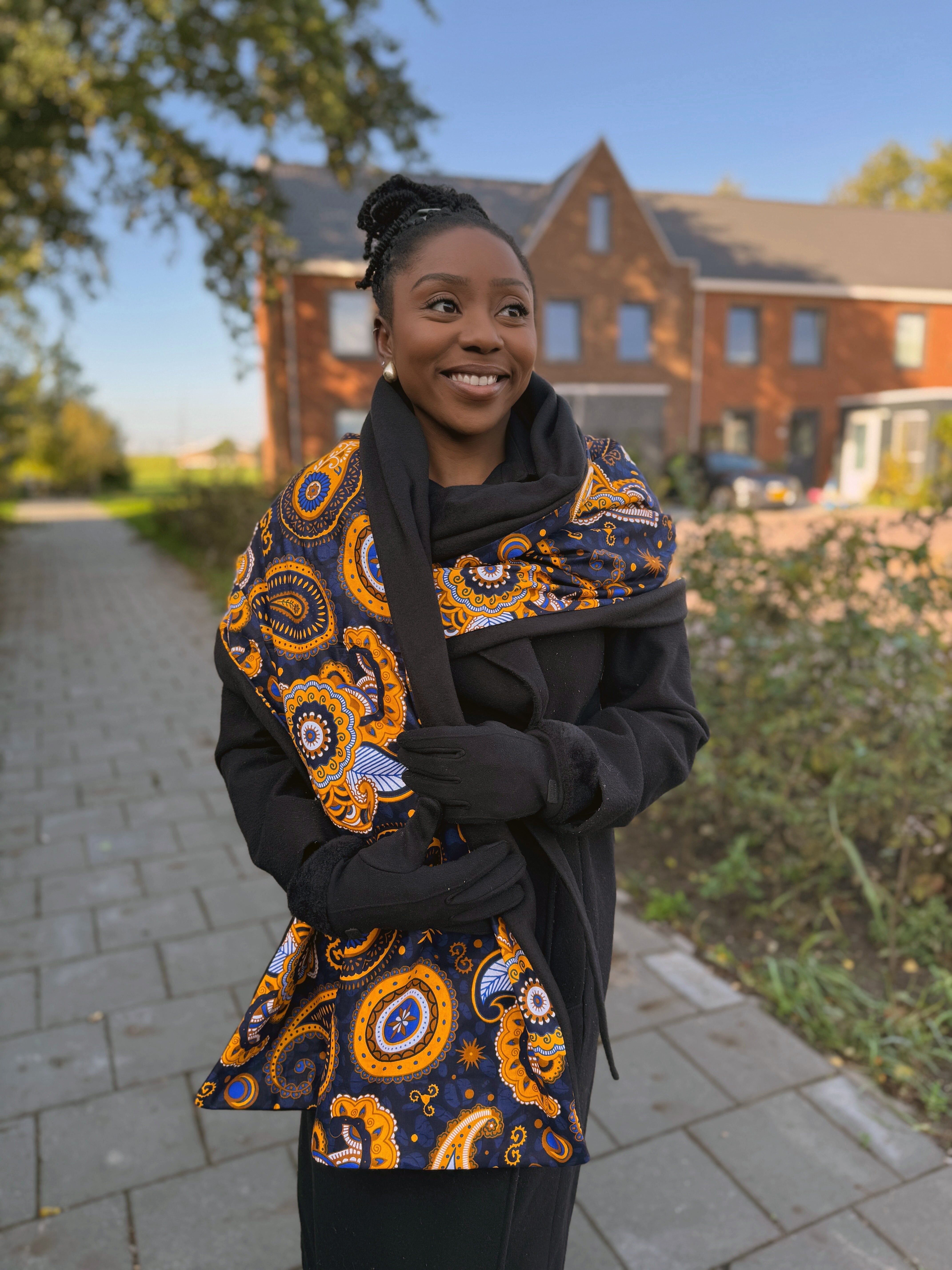 Winterschal mit afrikanischem Muster für Erwachsene (Unisex) – Dunkelblau/Gelb mit Paisley-Muster