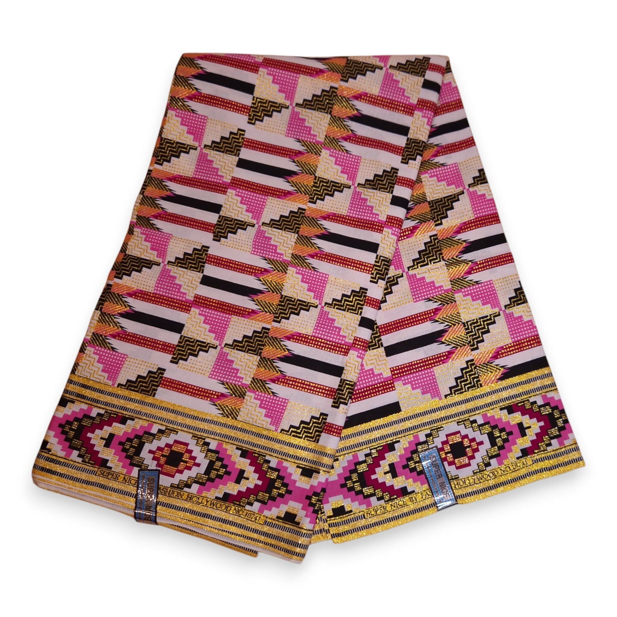 6 Yards – Afrikanischer Druckstoff – Exklusive Verzierungen mit Glitzereffekten – 100 % Baumwolle – GL-4050 Pink Gold Kente