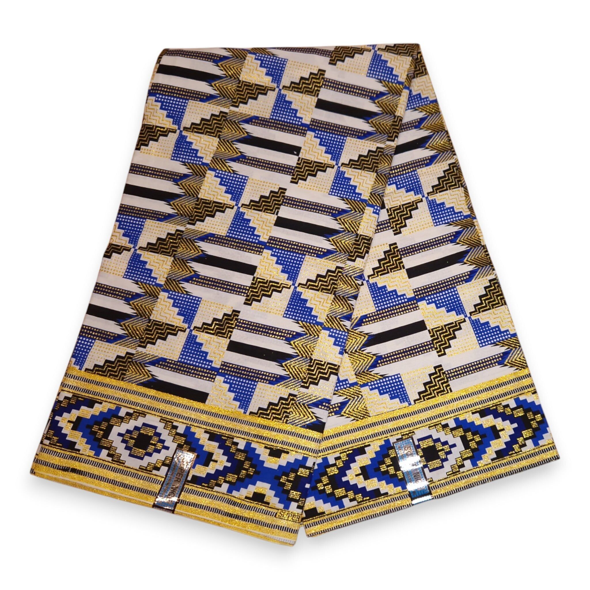 6 Yards – Afrikanischer Druckstoff – Exklusive Verzierungen mit Glitzereffekten – 100 % Baumwolle – GL-4048 Blau-Gold Kente
