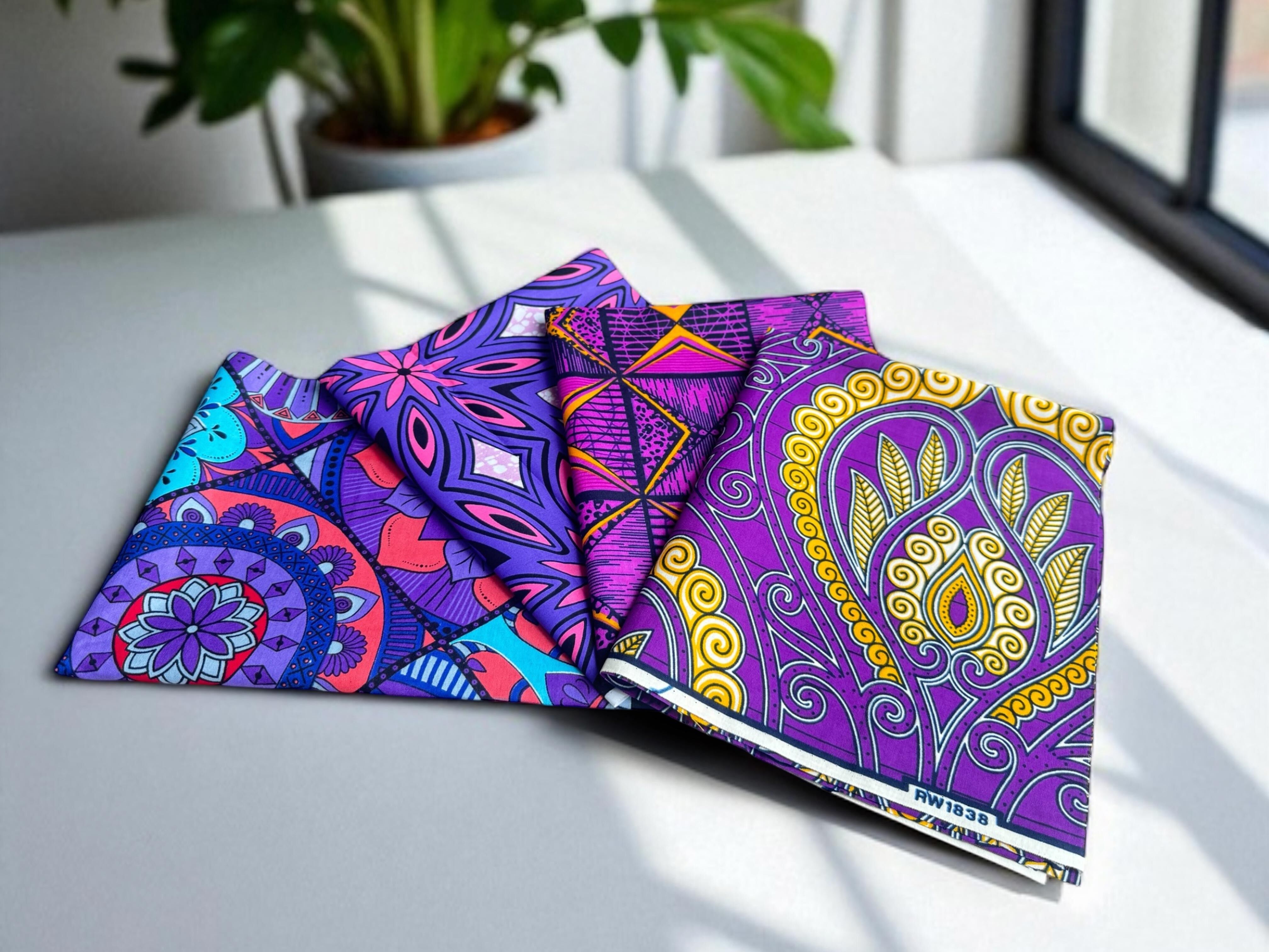 4 coupons de tissu (fat quarters) - Mélange violet - Tissus pour patchwork - Tissu imprimé africain