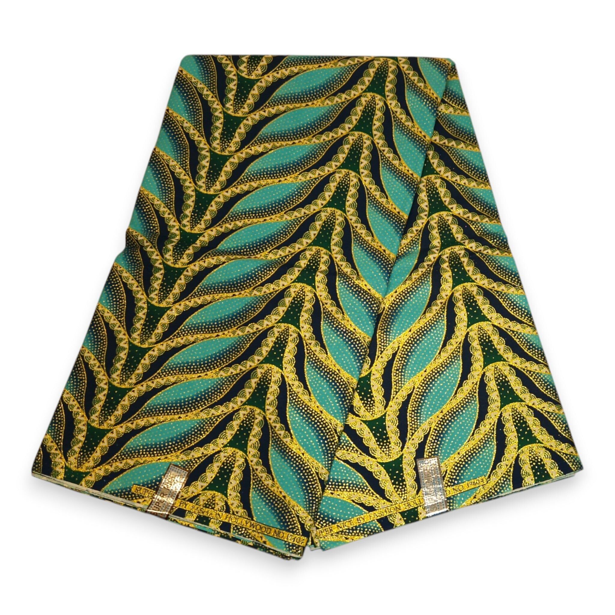 6 Yards – Afrikanischer Druckstoff – Exklusive Glitzerverzierungen – 100 % Baumwolle – GL-4020 Hellblau/Türkisgold