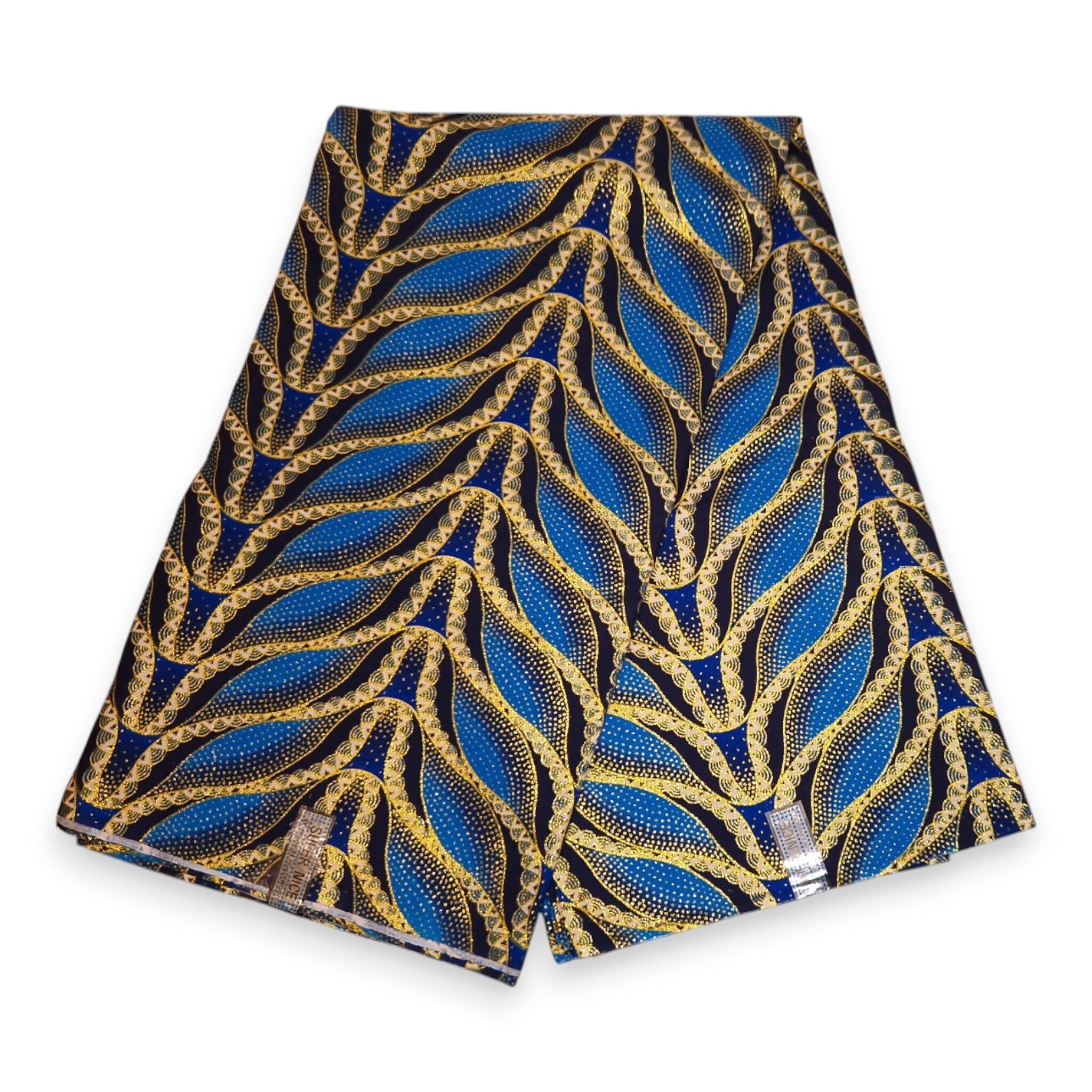 6 Yards – Afrikanischer Druckstoff – Exklusive Glitzerverzierungen – 100 % Baumwolle – GL-4030 Blau-Gold