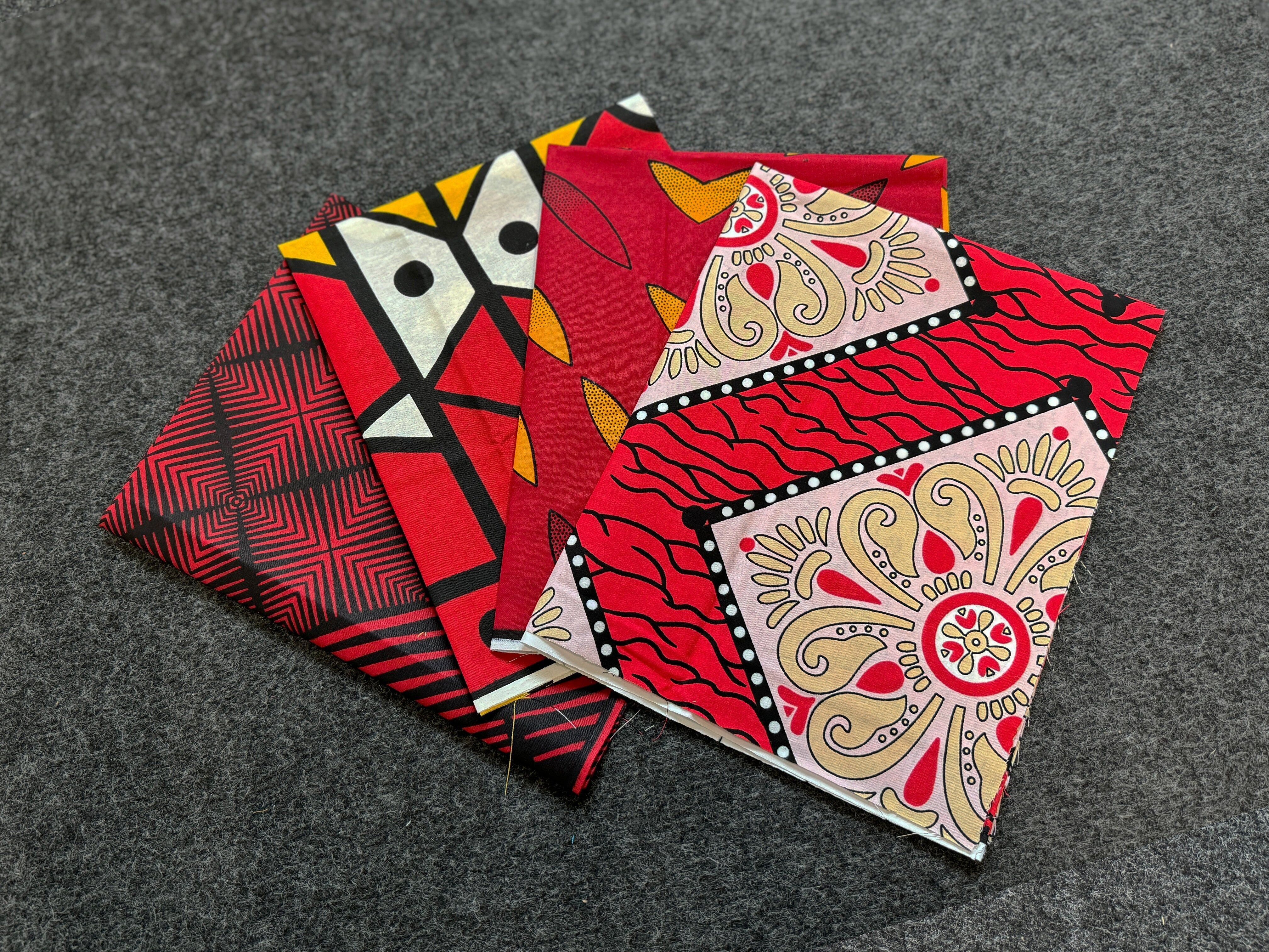 4 Fat Quarters – Rote Quiltstoffe / Patchworkstoffe – Afrikanischer Druckstoff