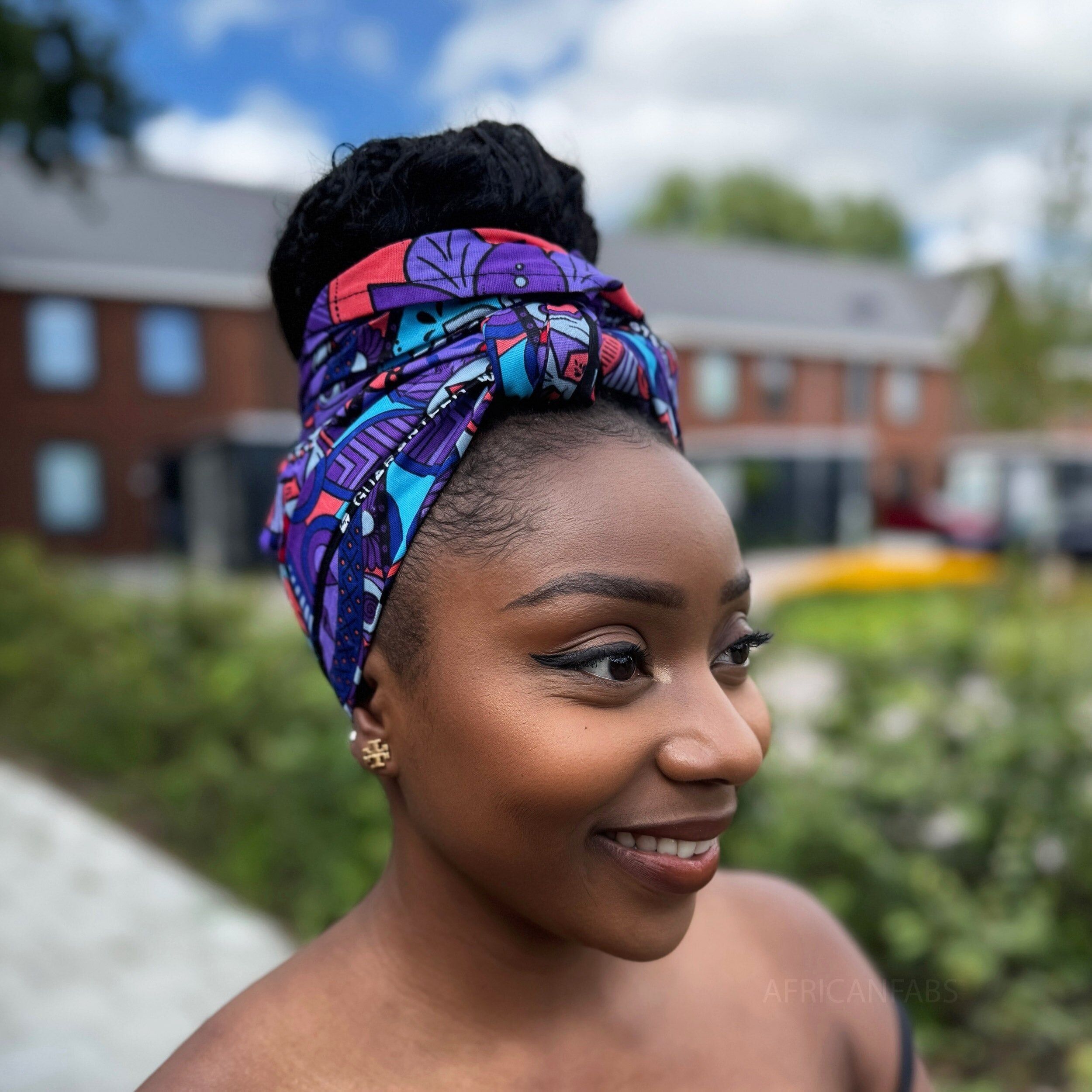 Afrikanisches Kopftuch – Lila-hellblaues Mandala-Patchwork