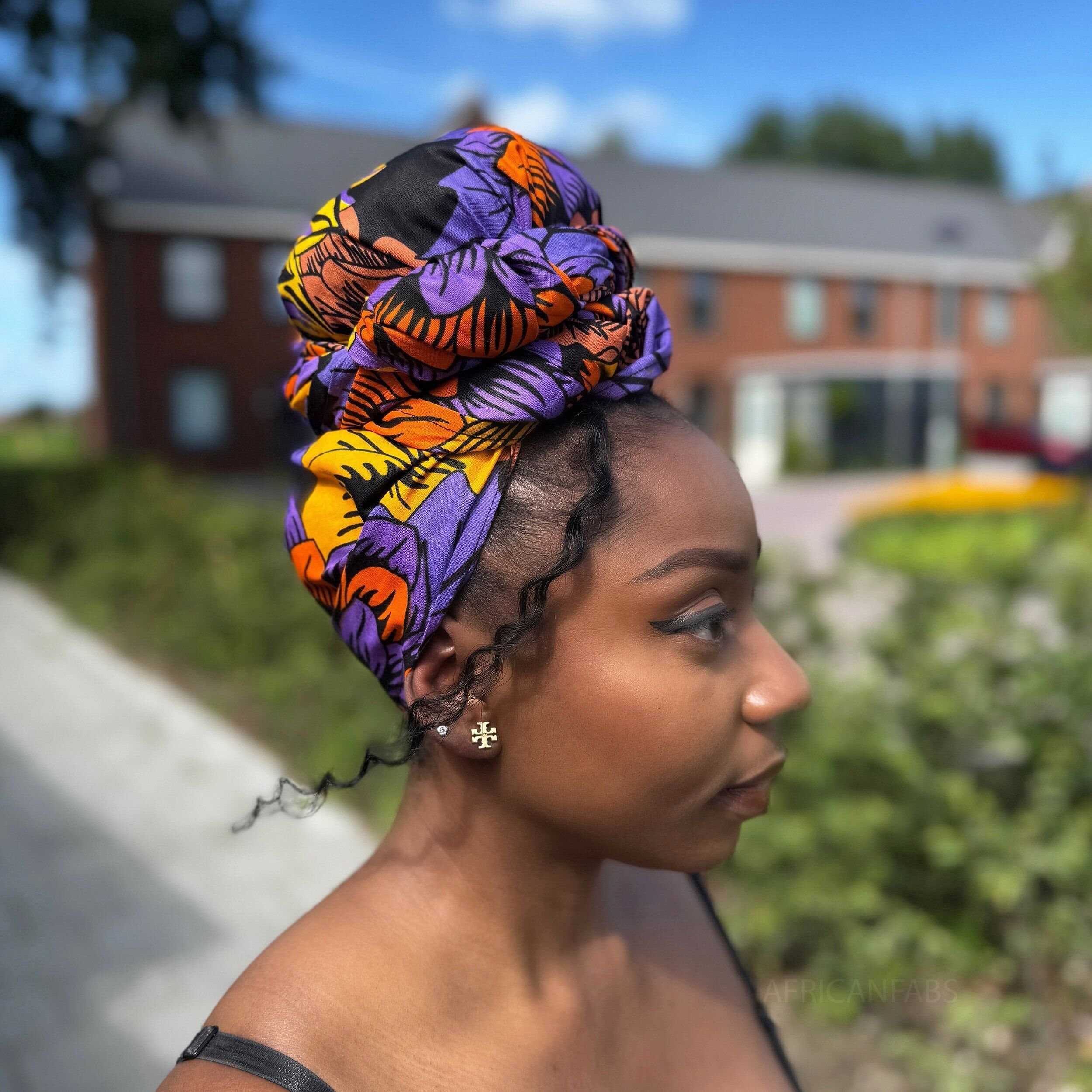 Afrikanisches Kopftuch – Gelbe und violette Blumen