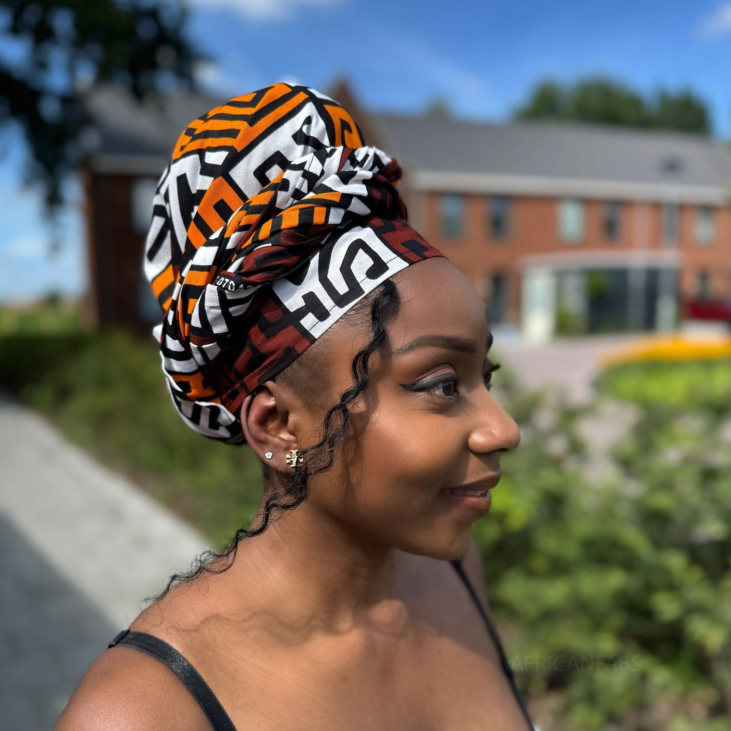 Afrikanische Kopfbedeckung – Braun & Gelb-Orange Kuba Blocks Kongo