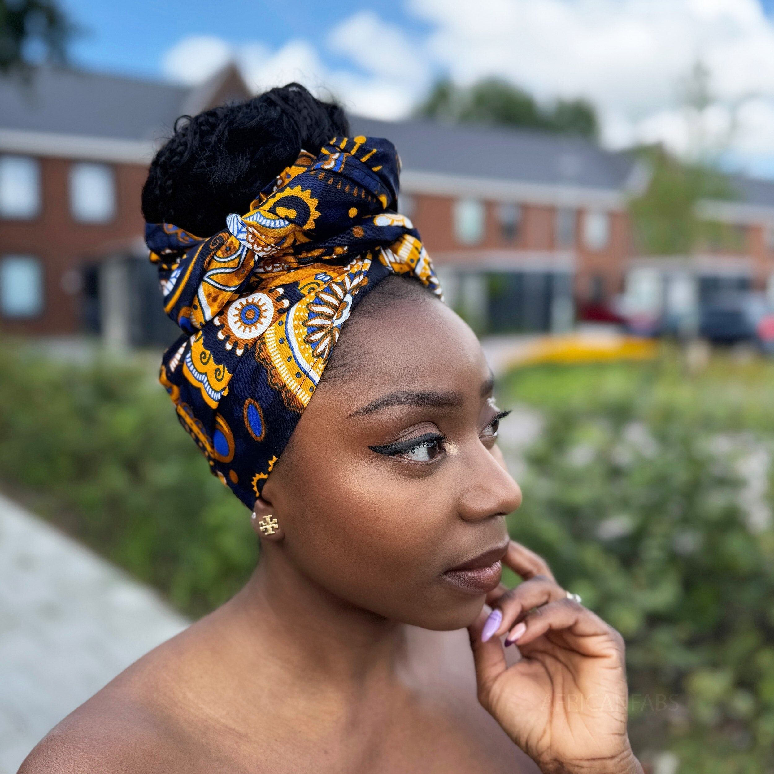 Afrikanisches Kopftuch – Marineblau, gelbes Paisleymuster