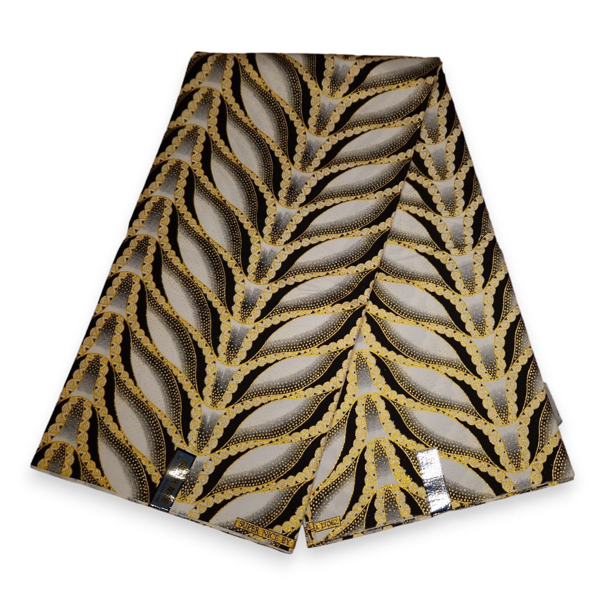 6 Yards – Afrikanischer Druckstoff – Exklusive Glitzerverzierungen – 100 % Baumwolle – GL-4015 Weißgold