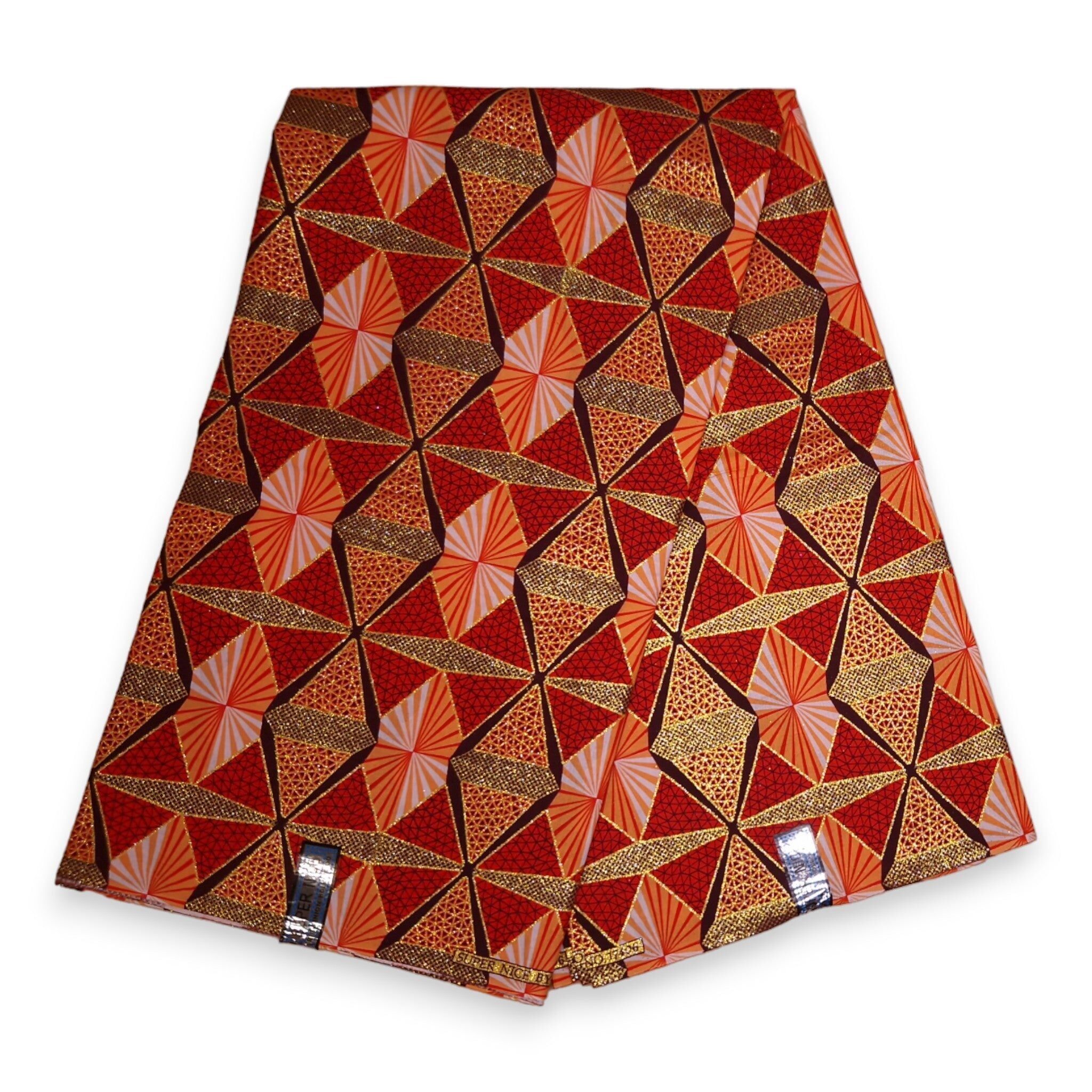 6 Yards – Afrikanischer Druckstoff – Exklusive Glitzerverzierungen – 100 % Baumwolle – GL-4007 Rot, Orange, Gold