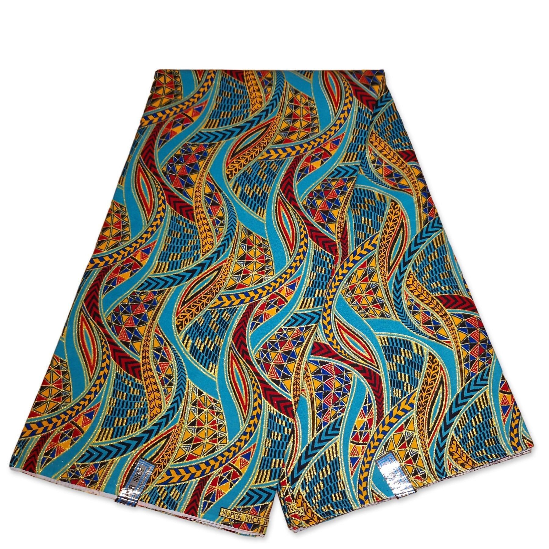 6 Yards – Afrikanischer Druckstoff – Exklusive Glitzerverzierungen – 100 % Baumwolle – GL-4003 Hellblau-Gold