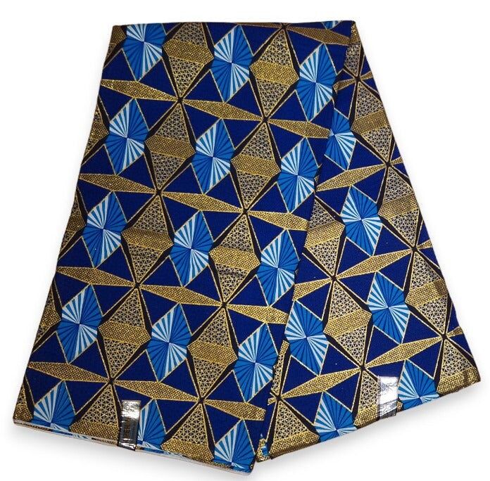 6 Yards – Afrikanischer Druckstoff – Exklusive Glitzerverzierungen – 100 % Baumwolle – GL-4006 Goldblau