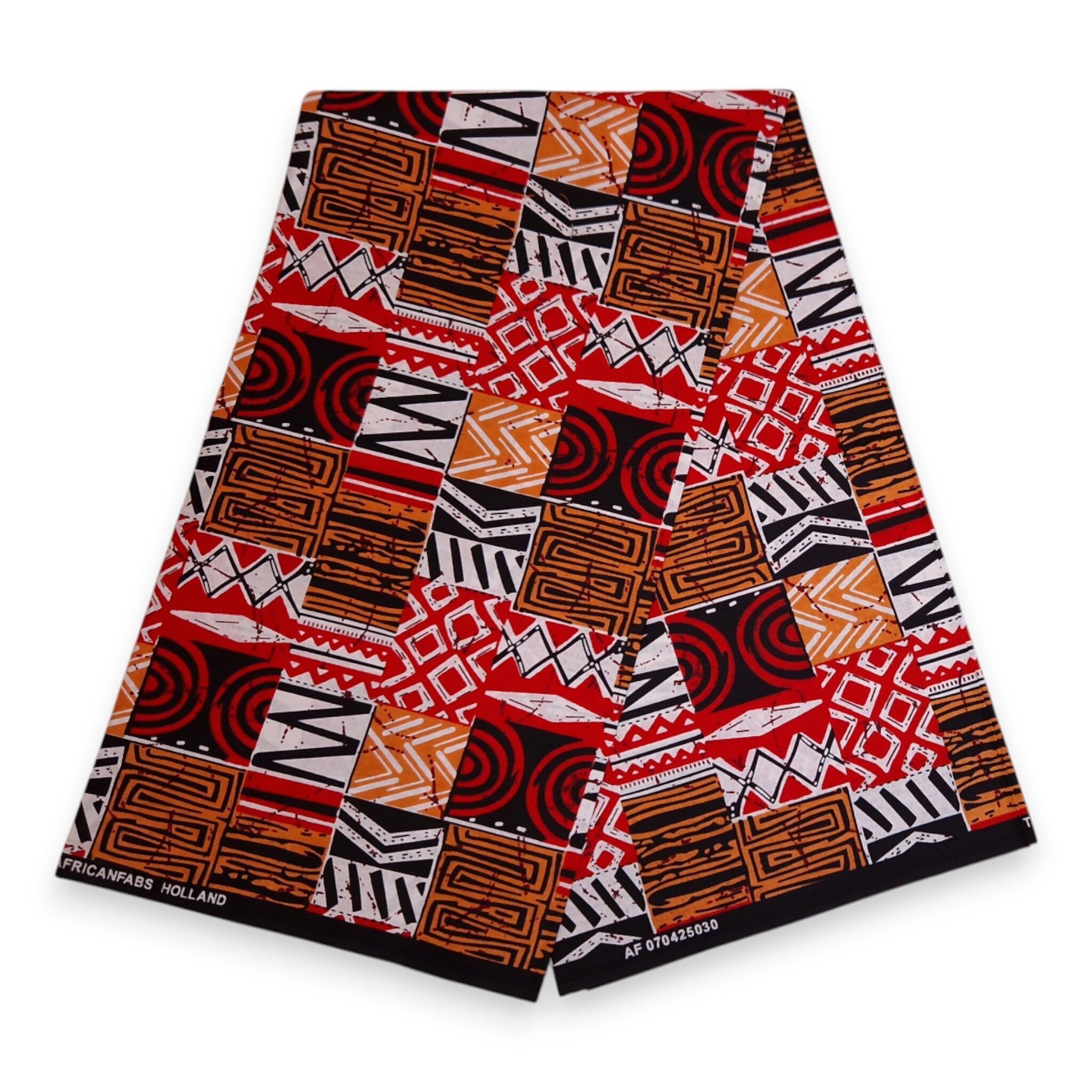 6 Yards – Afrikanischer Stoff mit Muster – Rotes Bogolan-Mosaik – 100 % Baumwolle
