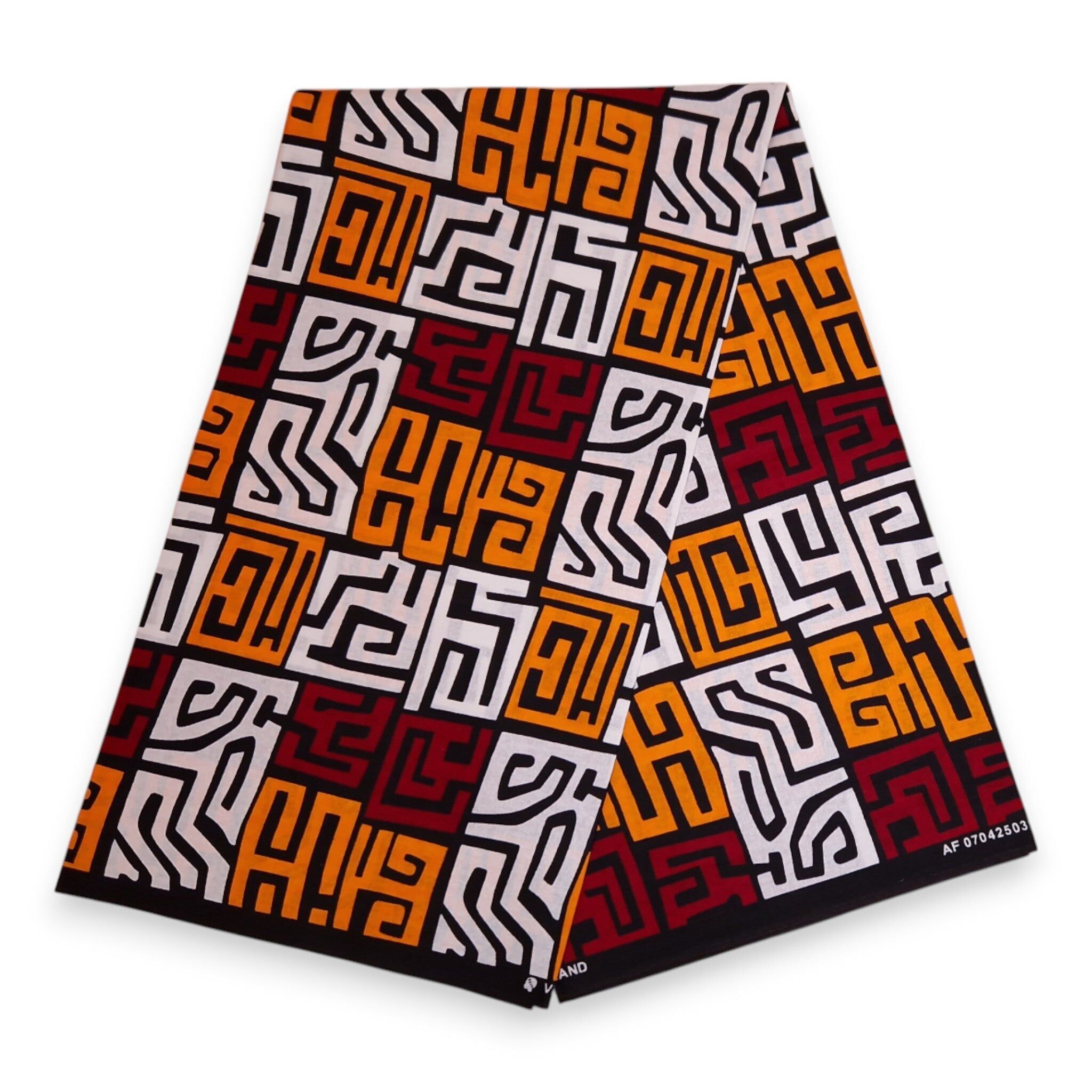 6 Yards – Afrikanischer Druckstoff – Kastanienbraun-Rot & Gelb-Orange Kuba-Blöcke Kongo – 100 % Baumwolle