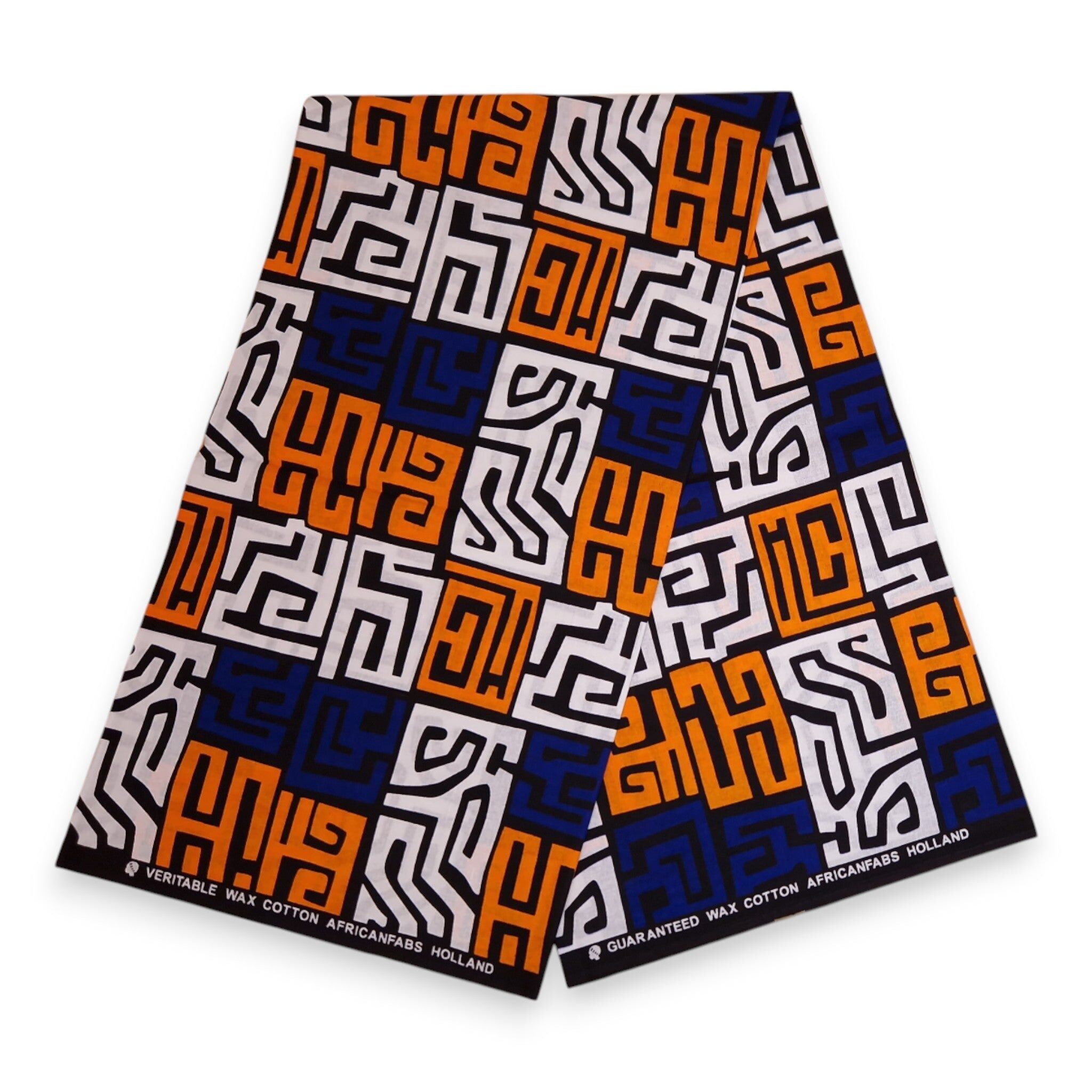 6 Yards – Afrikanischer Druckstoff – Blau & Gelb-Orange Kuba Blocks Kongo – 100 % Baumwolle