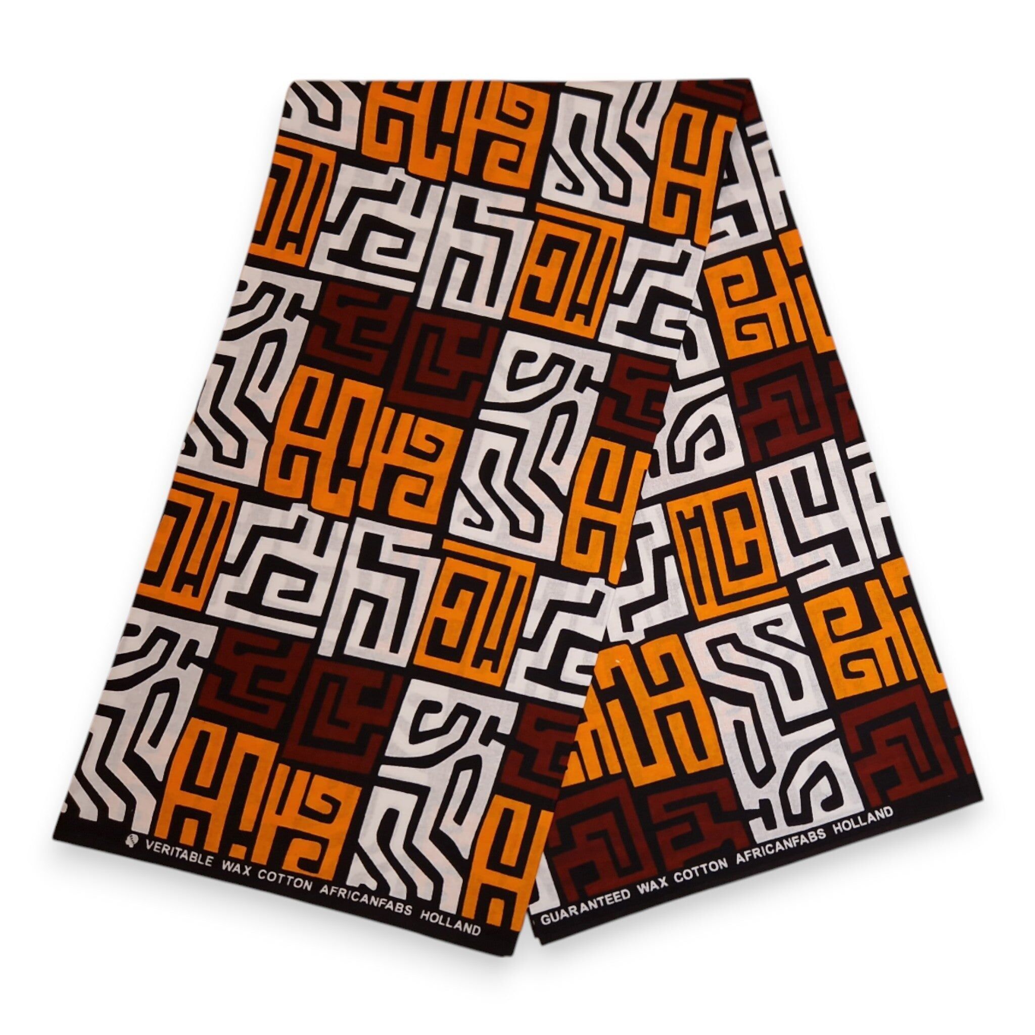 6 Yards – Afrikanischer Druckstoff – Braun & Gelb-Orange Kuba Blocks Kongo – 100 % Baumwolle