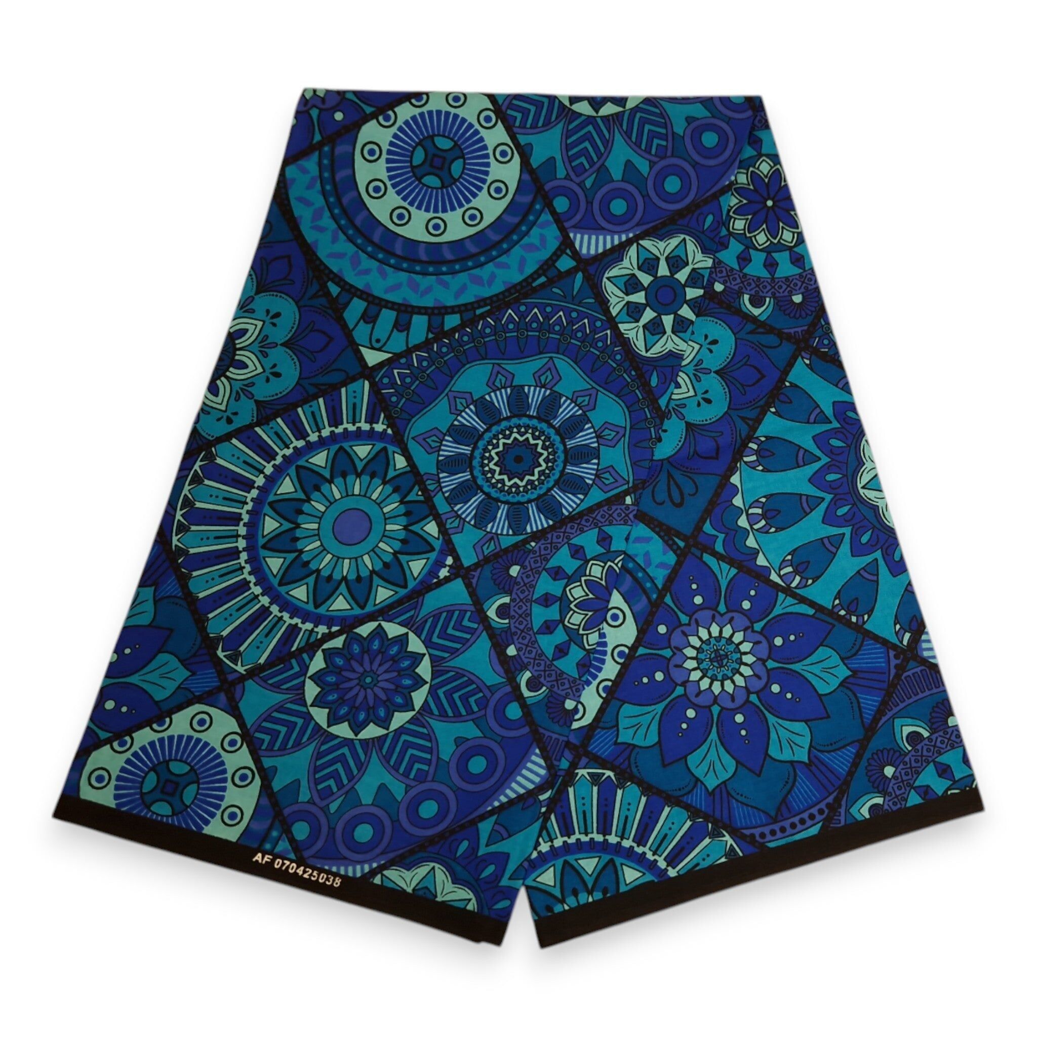 6 Yards – Afrikanischer Stoff mit Mandala-Patchworkmuster in Blau und Türkis – 100 % Baumwolle