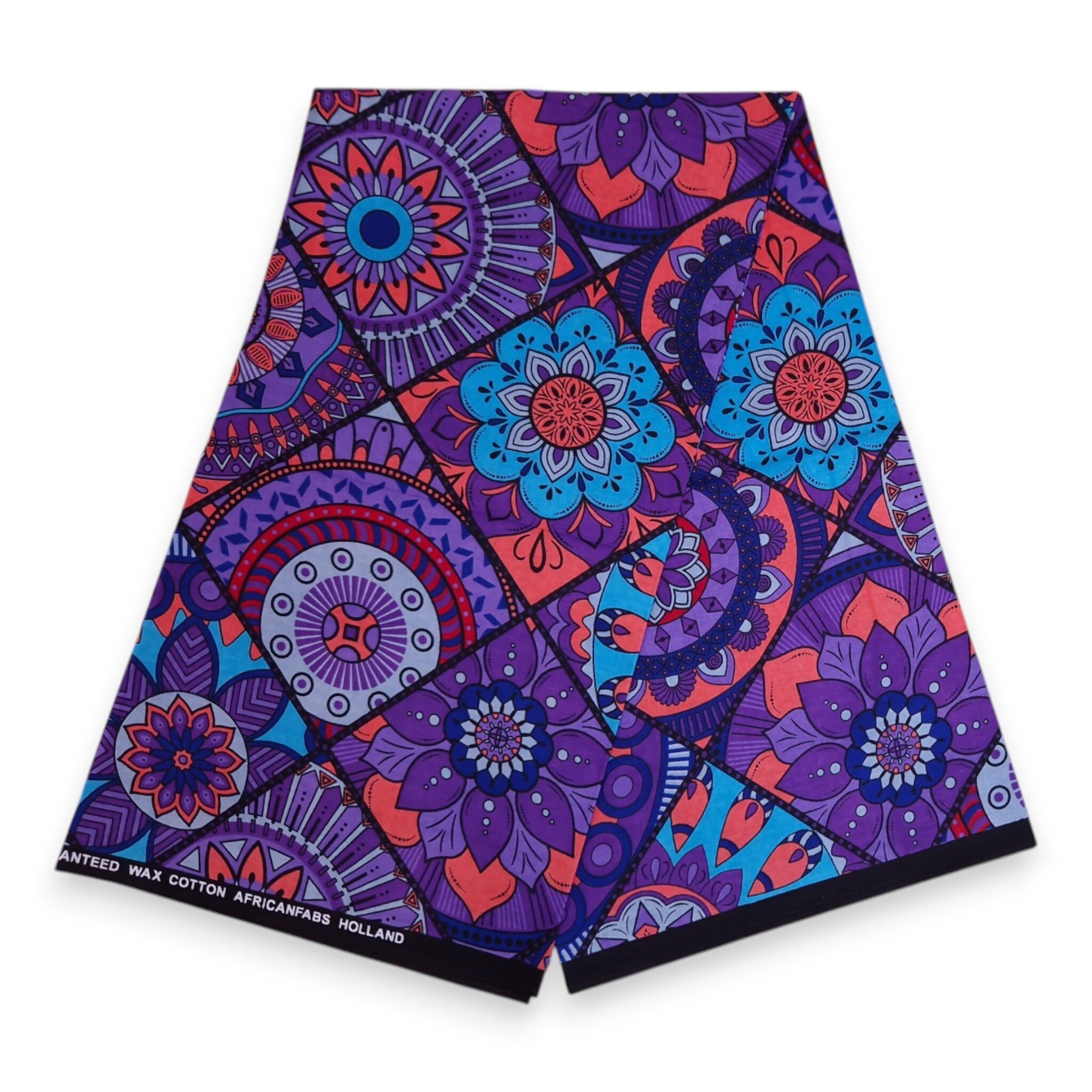 6 Yards – Afrikanischer Stoff mit Mandala-Patchworkmuster in Lila und Hellblau – 100 % Baumwolle