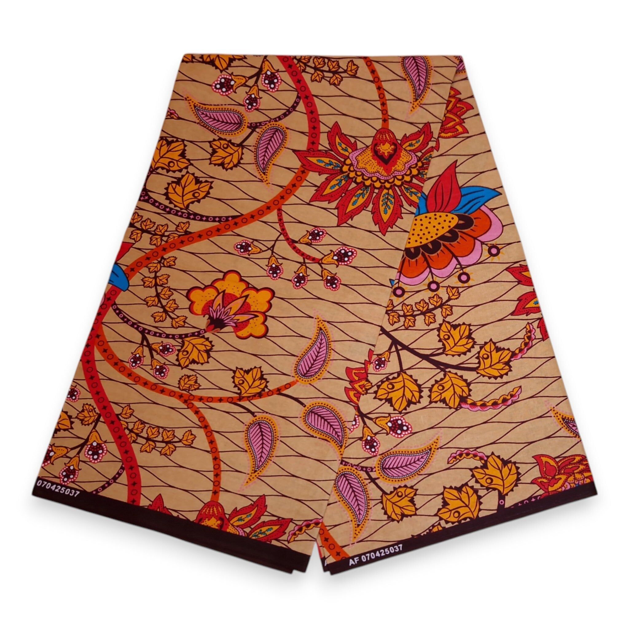 6 Yards – Afrikanischer Stoff mit botanischem Muster in Beige und Orange – 100 % Baumwolle