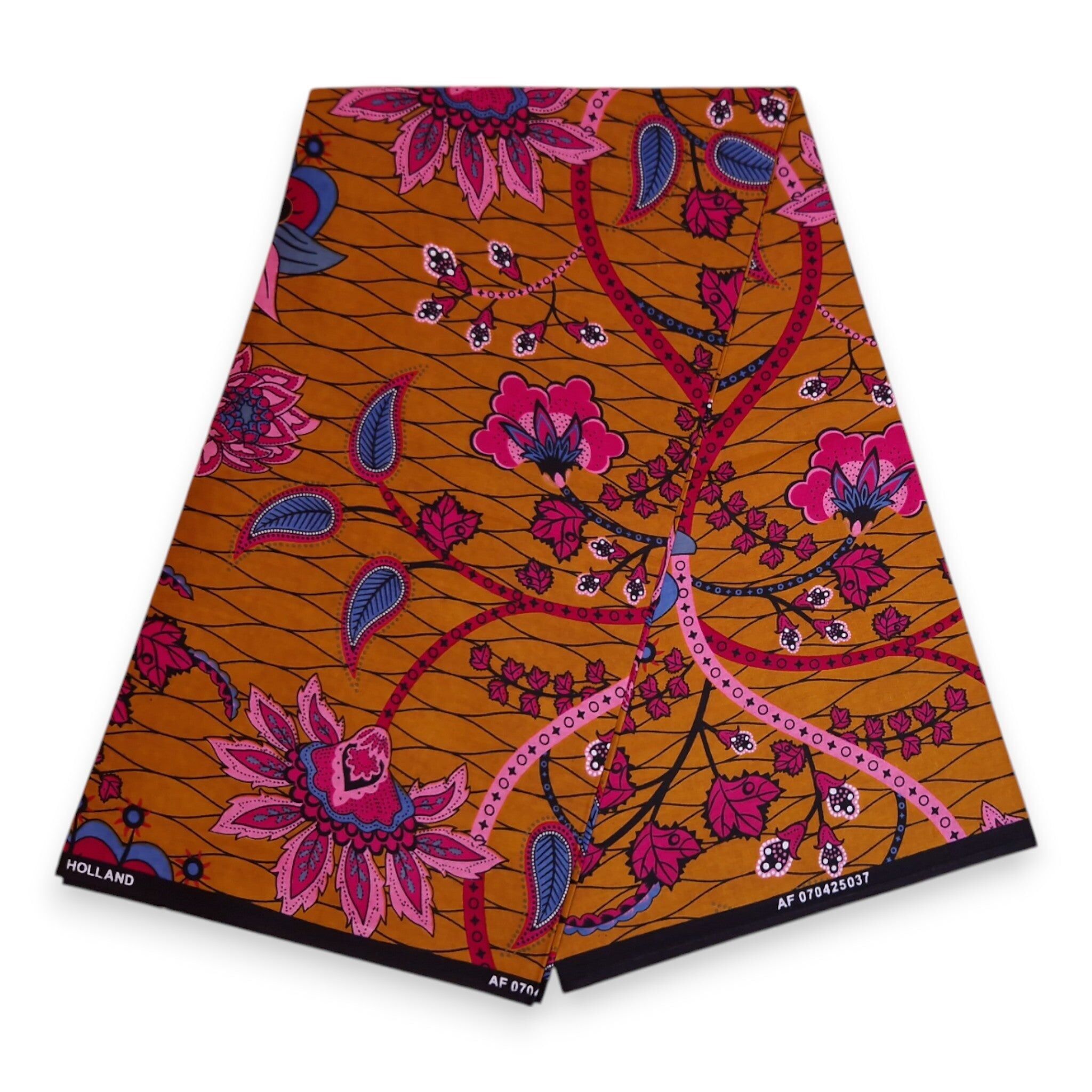 6 Yards – Afrikanischer Stoff mit botanischem Muster in Senfgelb und Rosa – 100 % Baumwolle