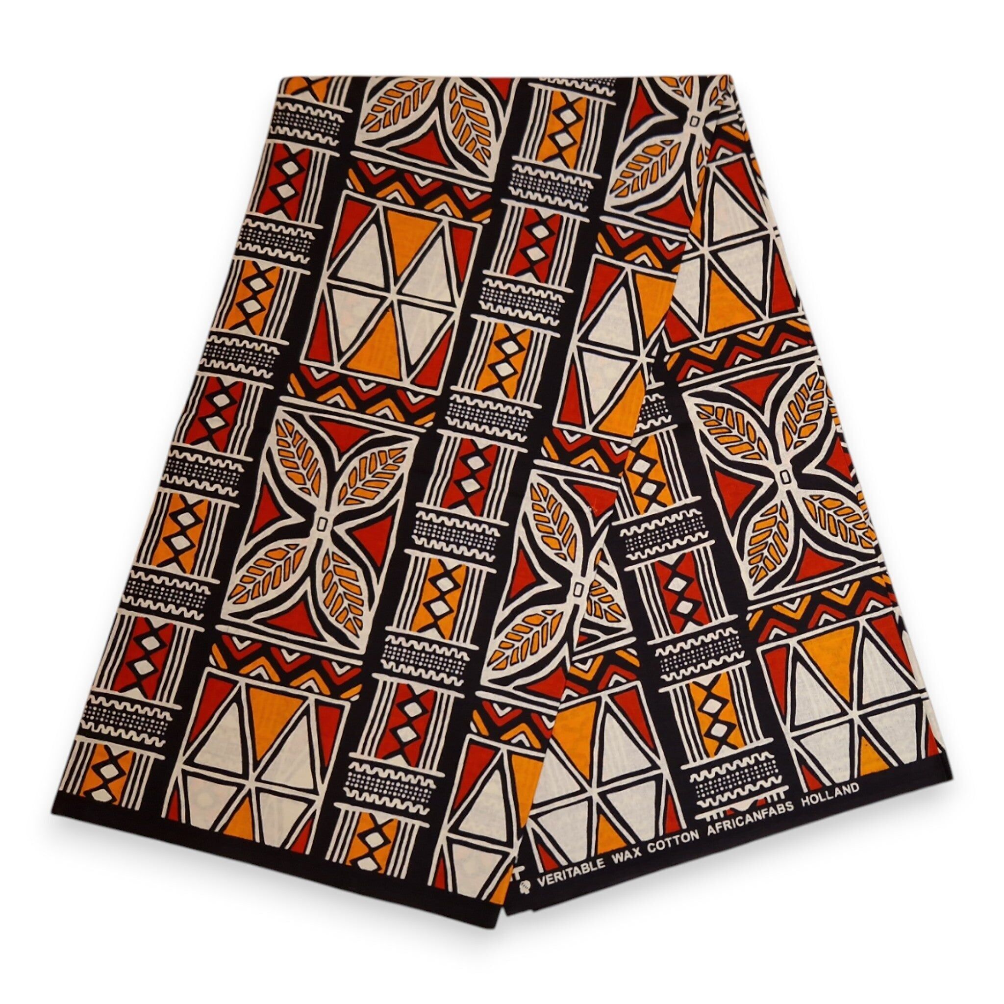 6 Yards – Afrikanischer Stoff mit roten und orangen Bogolan-Symbolen – 100 % Baumwolle